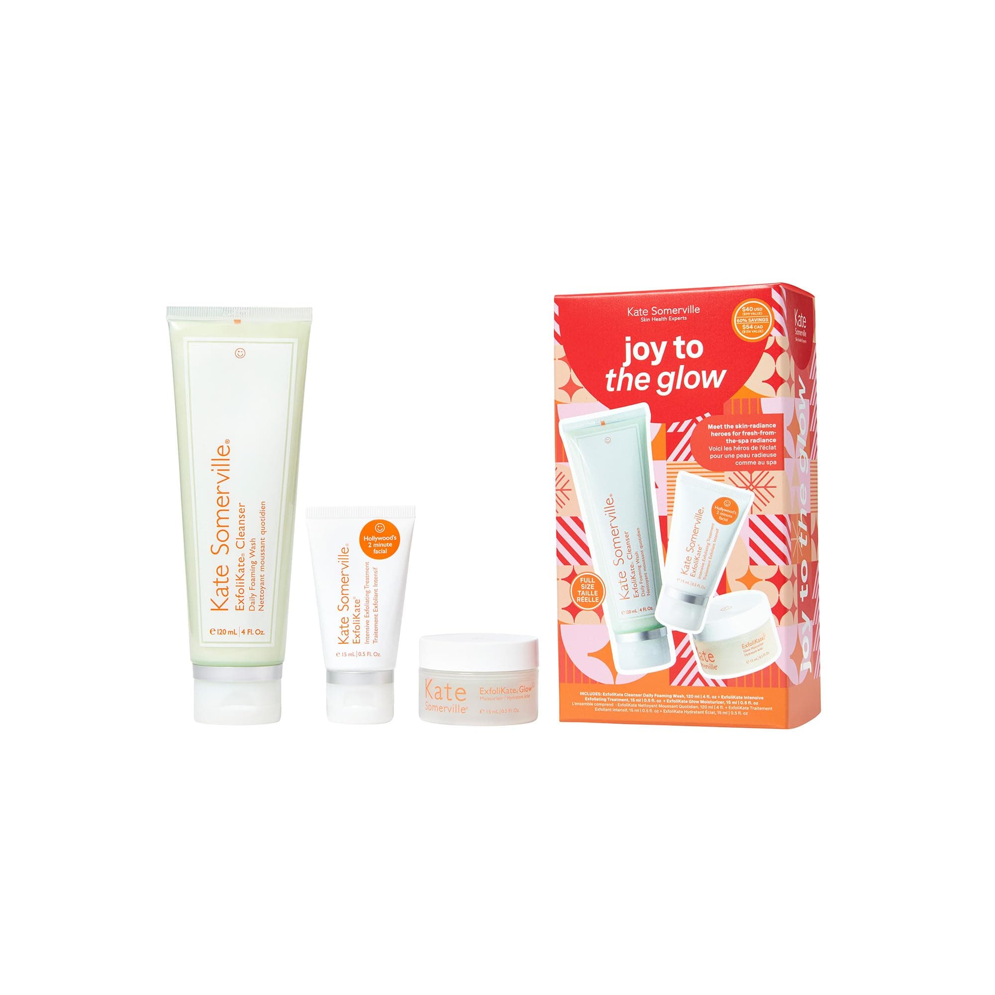 Joy to the Glow ExfoliKate Set - ExfoliKate Cleanser, Intensive Treatment, & Glow Moisturizer, 3-Piece Facial Skincare Set