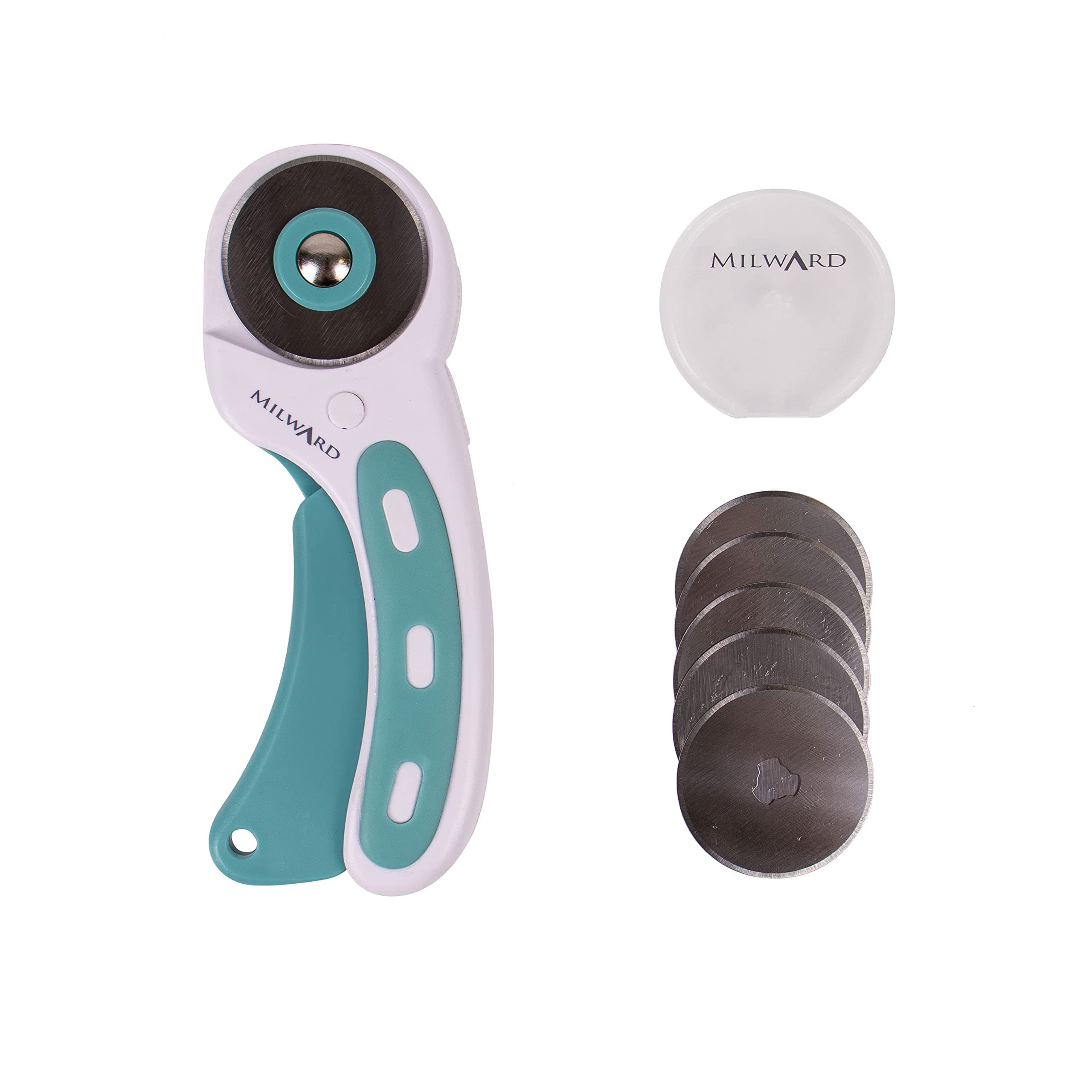 – 45mm Rotary Cutter for Fabric - Fabric Cutter Wheel w/ 5 Spare Blades, Ergonomic Handle with Safety Lock, Left & Right-Handed Cutting Wheel for Dressmaking, Leather, Craft, Sewing - Turquoise