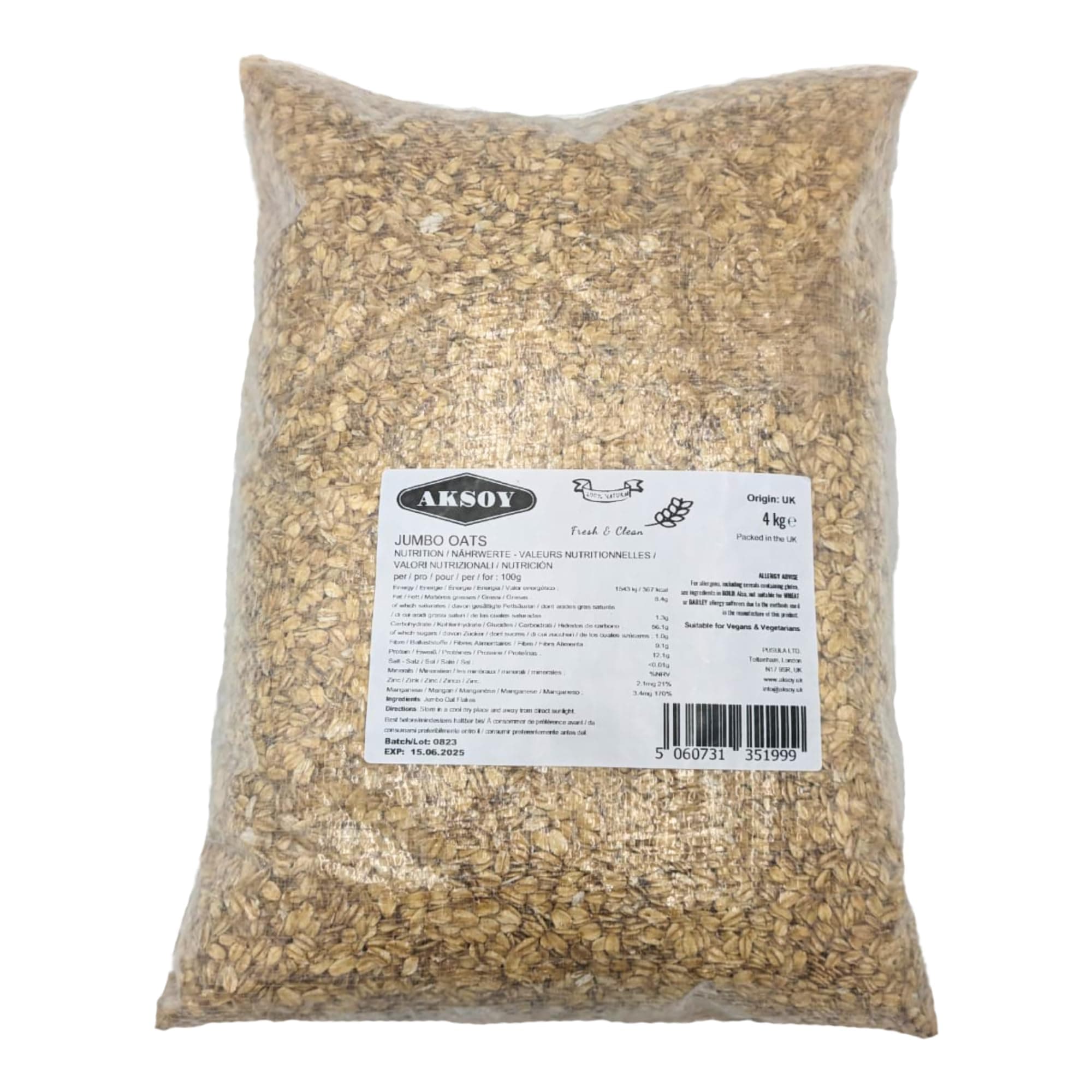 Jumbo Oats 4KG – Premium Quality, 100% Wholegrain Rolled Oats, High in Fiber and Protein, Vegan Friendly, Ideal for Breakfast, Smoothies, Baking, and Meal Prep