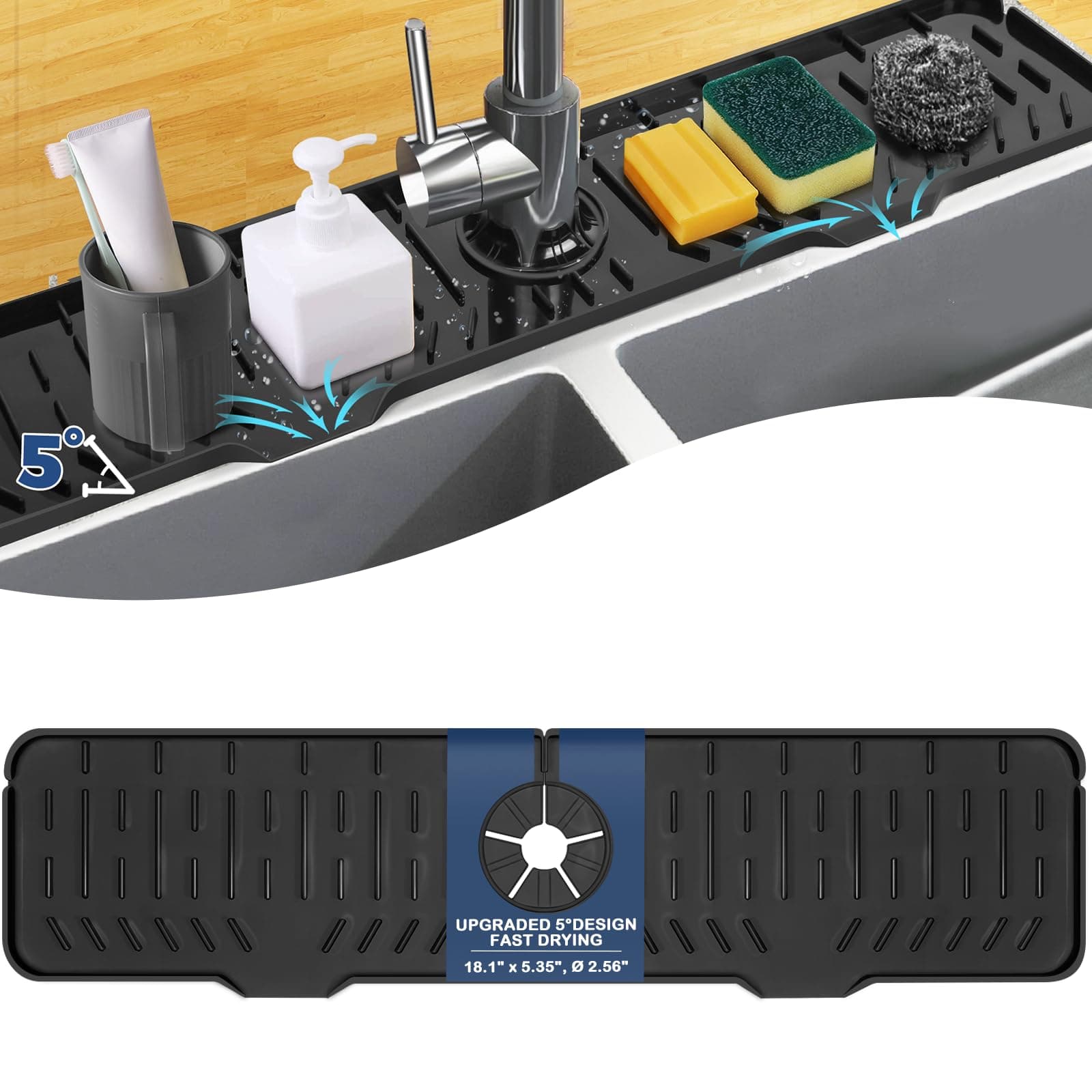 Black Kitchen Sink Faucet Splash Guard XXL Silicone Sink Faucet Drying Mat Faucet Handle Drip Catcher Tray, Dish Sponge Holder Kitchen Sink Accessories Gadgets Protector Home Organization Organizer