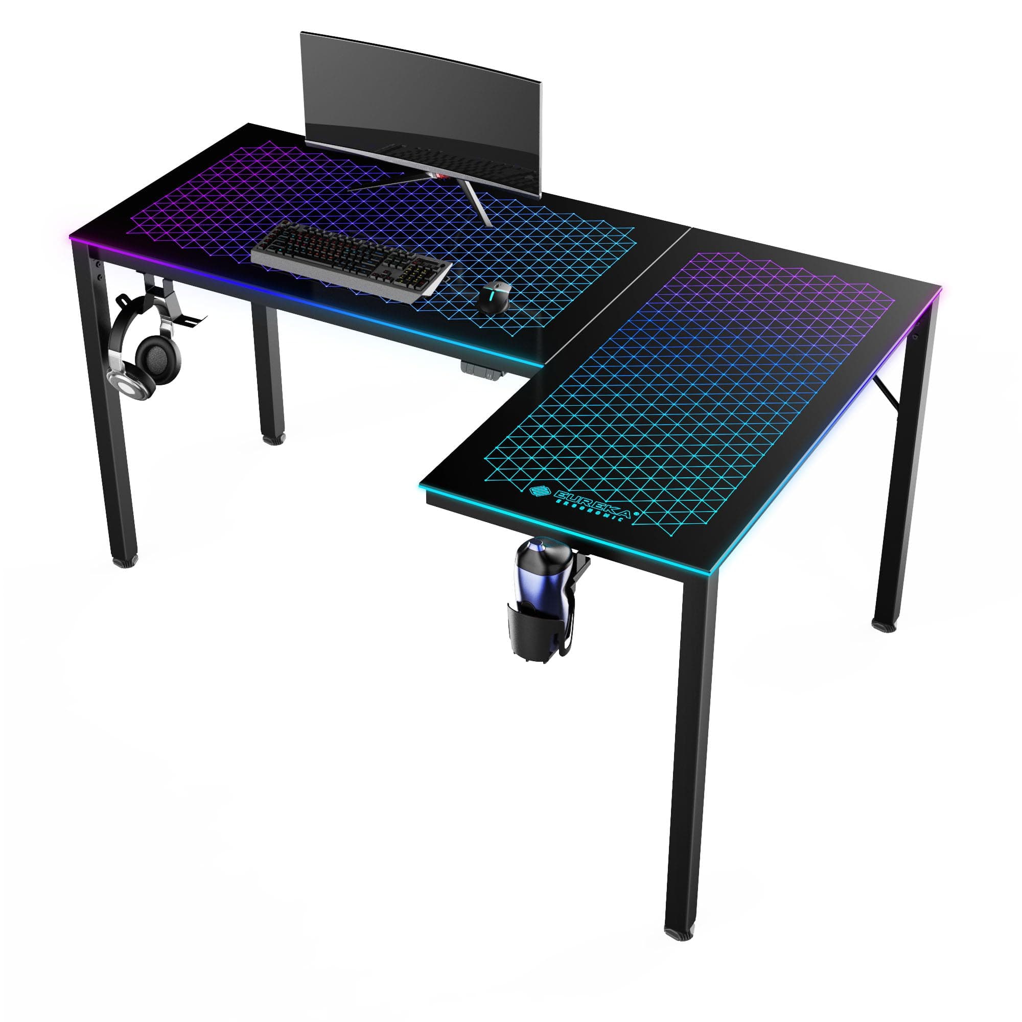RGB LED Lights 60 Inch L Shaped Reversible Black Glass Gaming Desk Home Office Computer Table GTG L60