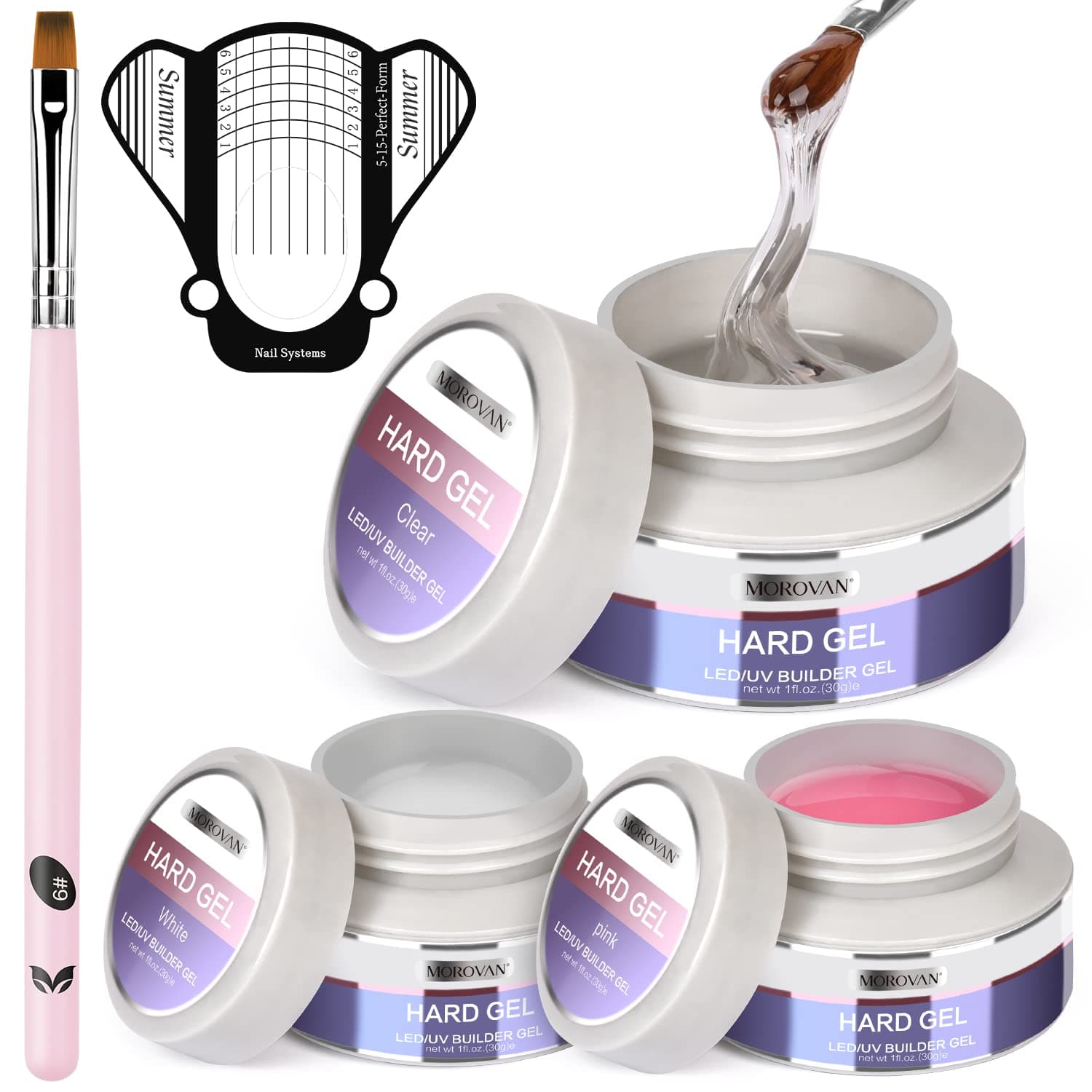 MorovanBuilder Gel for Nails 3 colors 1oz LED/U V Gels Clear Pink White Strengthen Nail Extension Gel Nail Art Manicure Set with Nail Forms