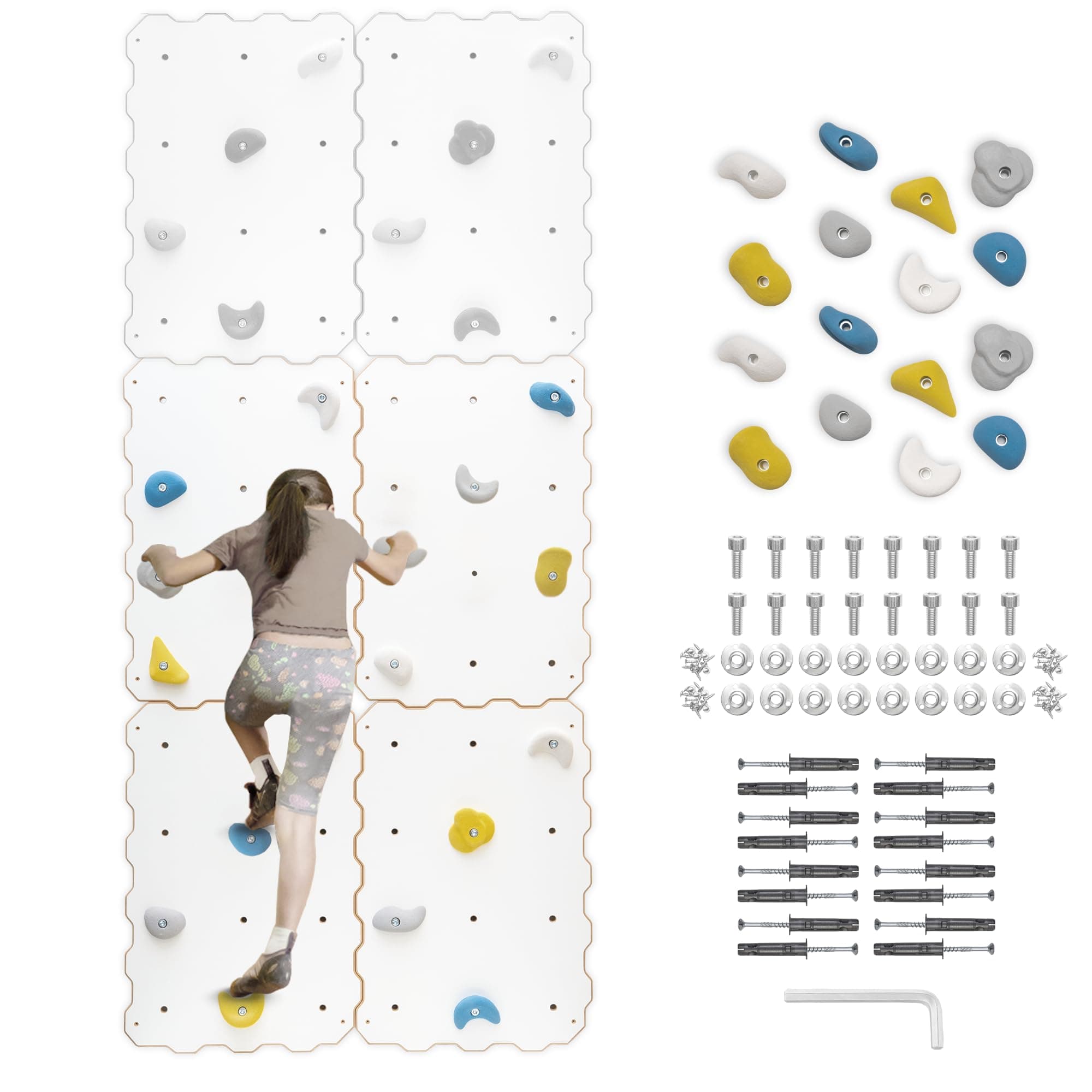 MAMOI® Kids Climbing Wall, Gym & Play, Climbing Equipment with Grips, Swedish Shoulder Rest, Indoor Use, White, Yarnwood, Fibreglass Reinforced Concrete