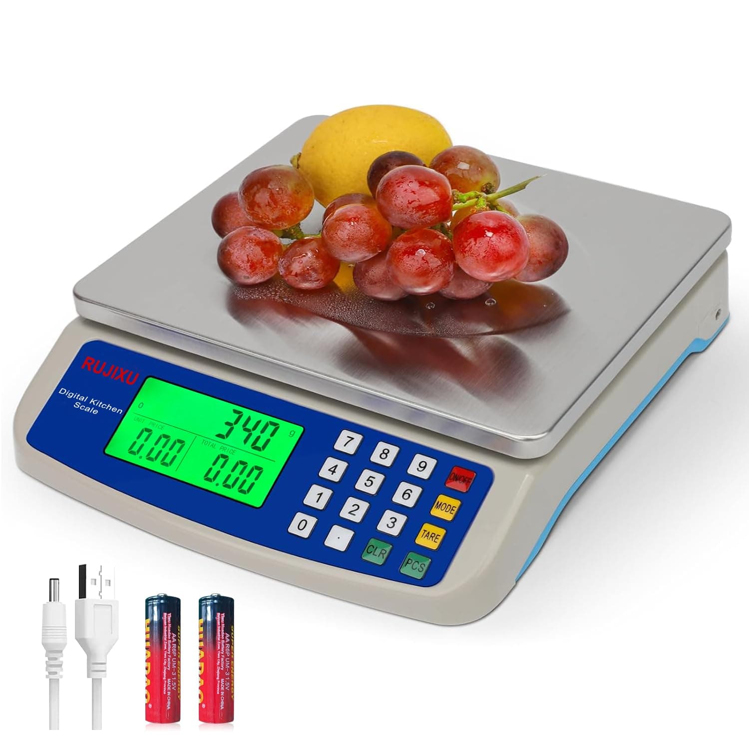 30kg/1g Electronic Kitchen Scale Stainless Steel Digital Food Scale Counting Balance with LCD Display Battery with 6V Power Adapter
