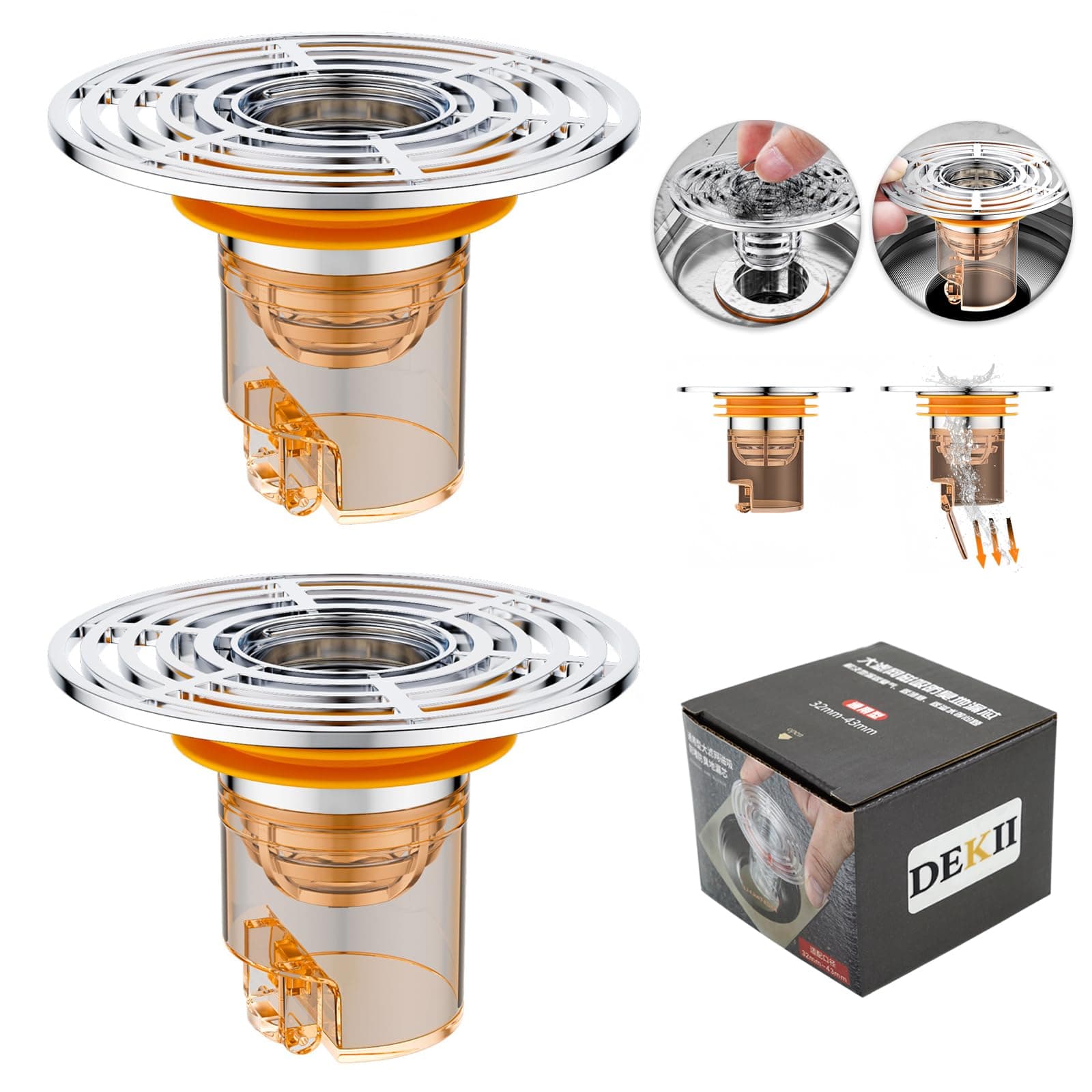 DEKII Anti-Odor Floor Drain Plugs - 2Pcs With Large Filter Basket, Abs Rustproof, Combines Hair Isolation, Anti-Clogging Reflux, Anti-Odor, Cockroach Bacteria，Suitable for Kitchen Bathroom.