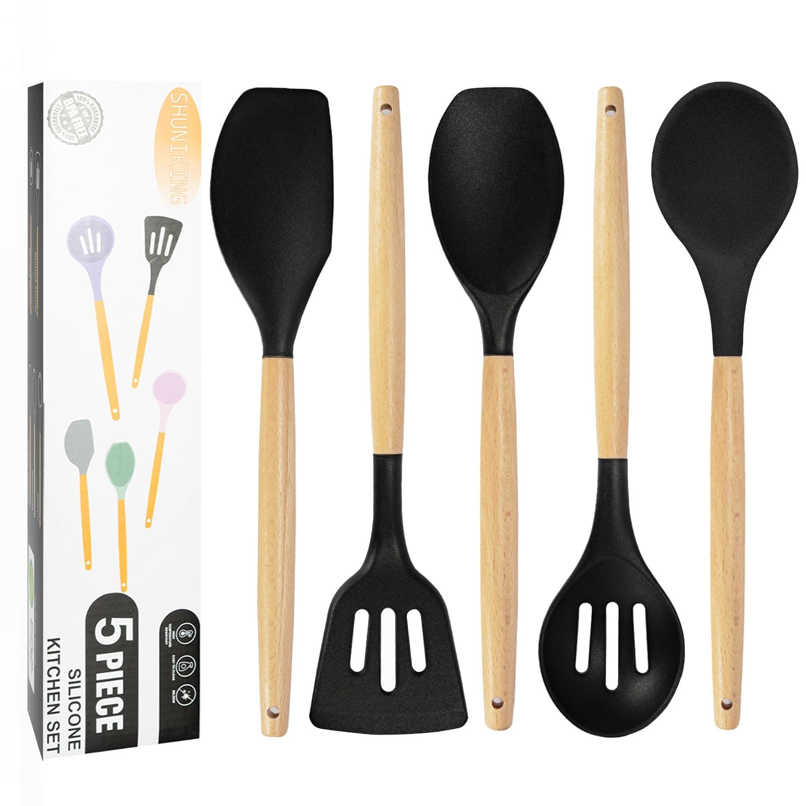 Non-Stick Silicone Cooking Utensils Set, 5 Pcs with Wooden Handle, Heat Resistant Silicone Kitchen Gadgets (Black)