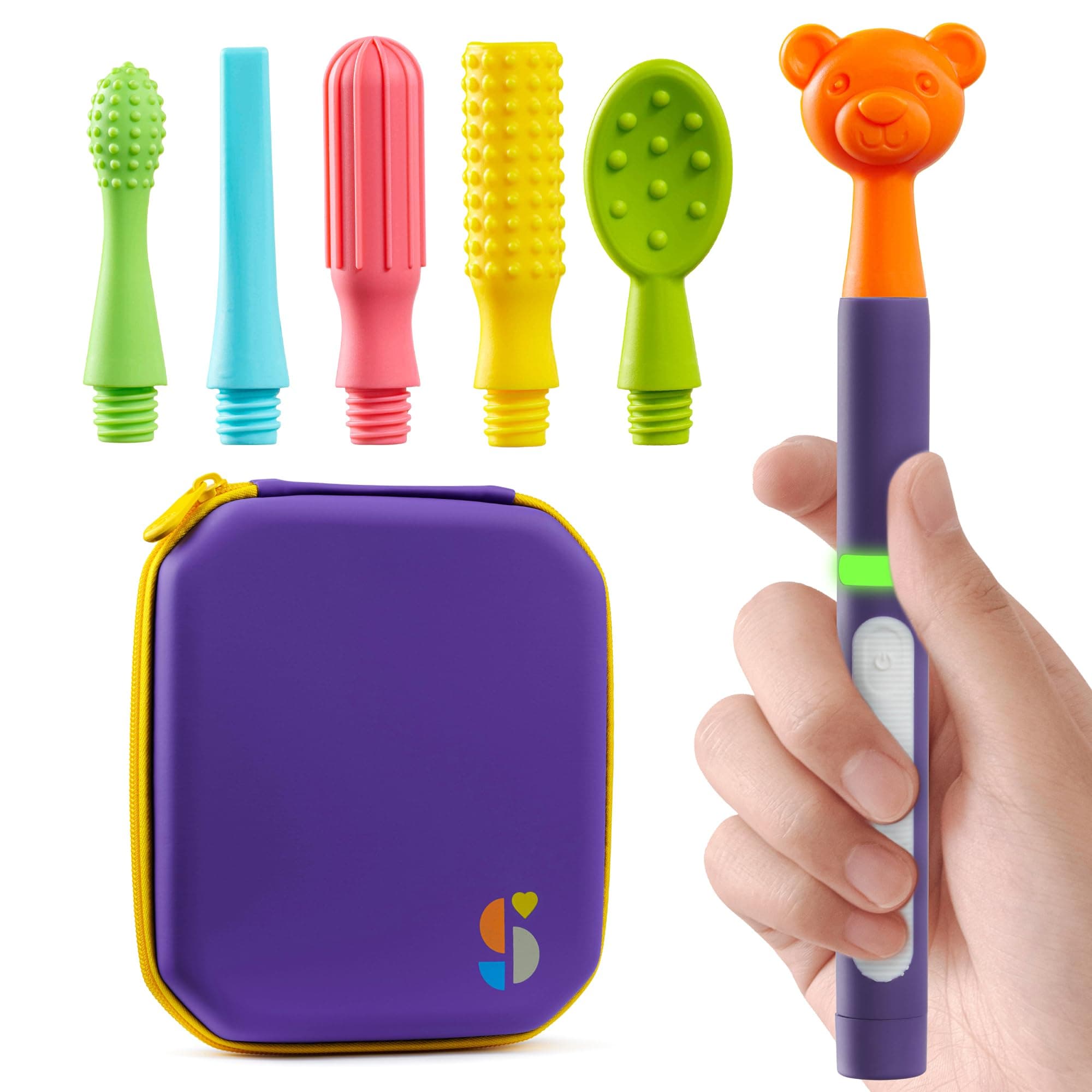 Buzz Buddy Oral Motor Stimulation Kit with 6 Soft Textured Interchangeable Heads, Calm Sensory Needs, Support Speech, and Stimulate Self Feeding, Gentle Vibrations (Purple)