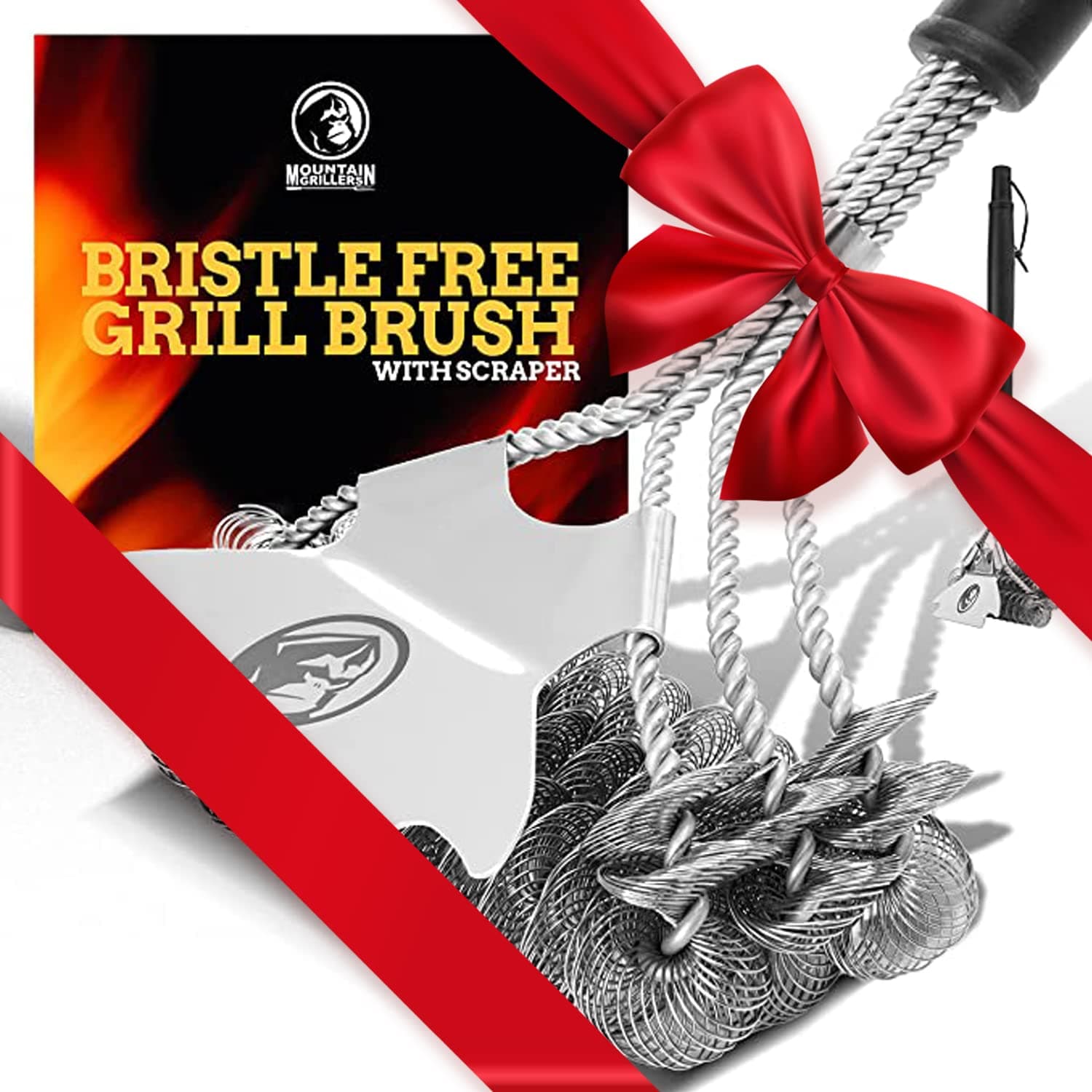 Mountain Grillers - Bristle Free Grill Brush with Sharp Scraper - Prevent Flare Ups for That Perfect Checkerboard Steak - Easily Cleans Metal Grills and Porcelain Grates Without Damage