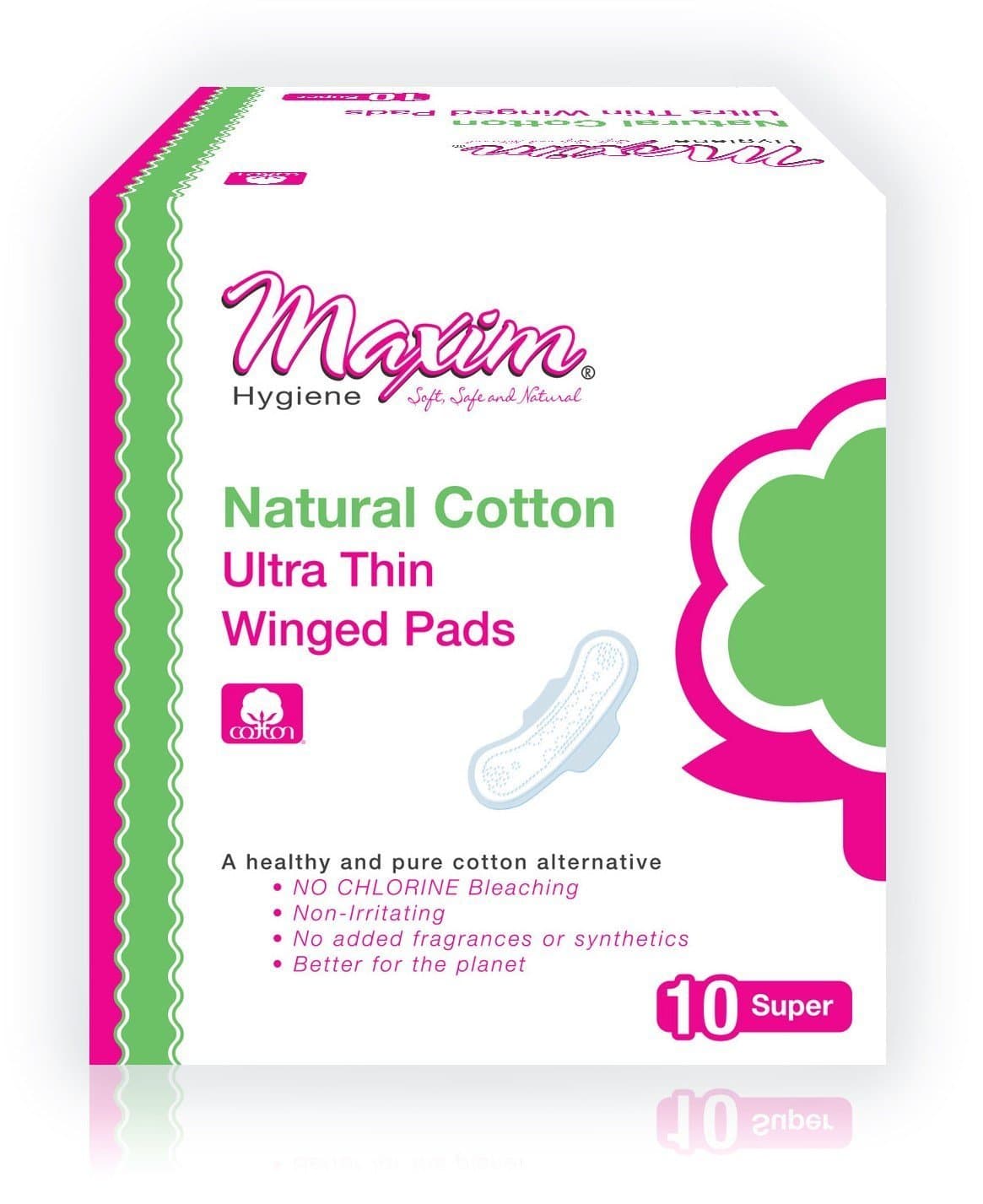 Ultra Thin Cotton Feminine Pads by Maxim (Super, 3 Pack): 100% Cotton Winged Menstrual Pads for Sensitive Skin - Chlorine Free, Chemical Free,10 Count(Pack of 3)