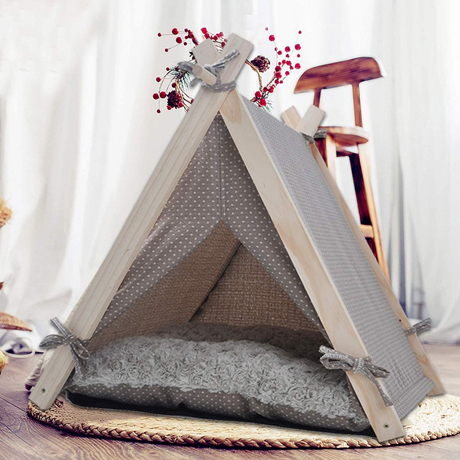 Livebest Pet Teepee Tent Portable Dog Cat Bed House with Cushion and Blackboard White Dot Style (4 Side)