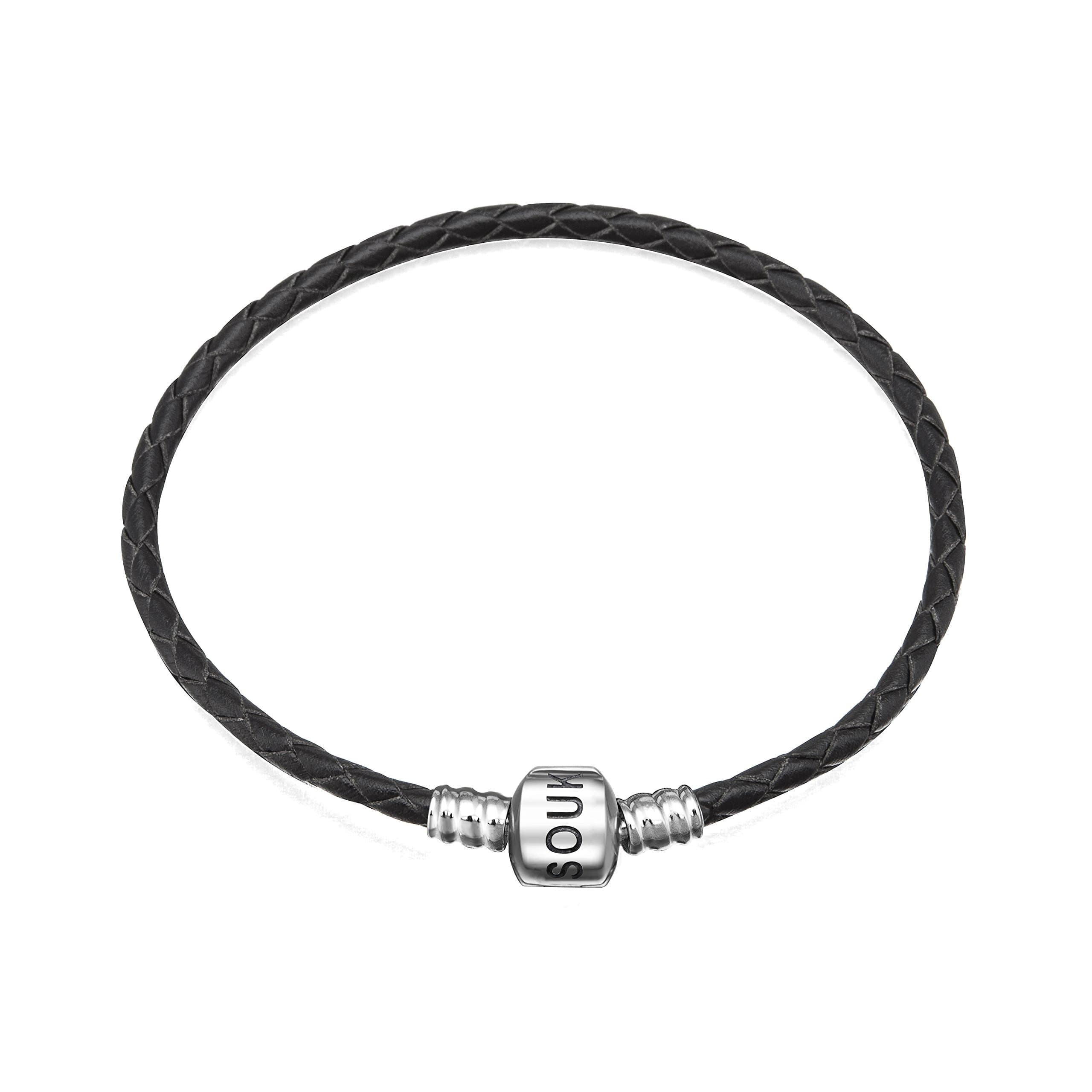 Genuine Black Leather Woven Bracelet with 925 Sterling Silver Barrel Snap Clasp Bead Bracelet for Charms