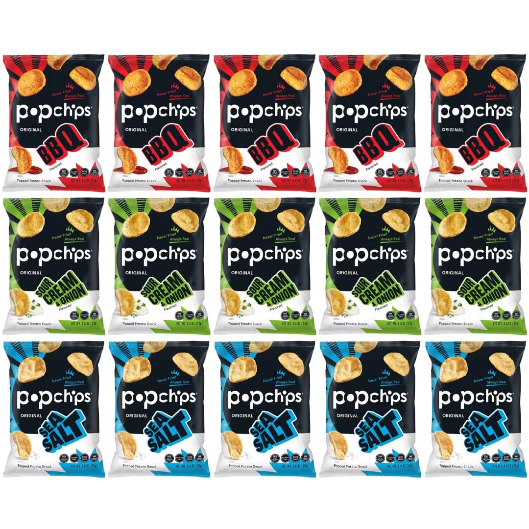 Popchips Potato Chips Variety Pack - Sour Cream & Onion, Sea Salt, & BBQ - 0.8 Bags (28-Count)