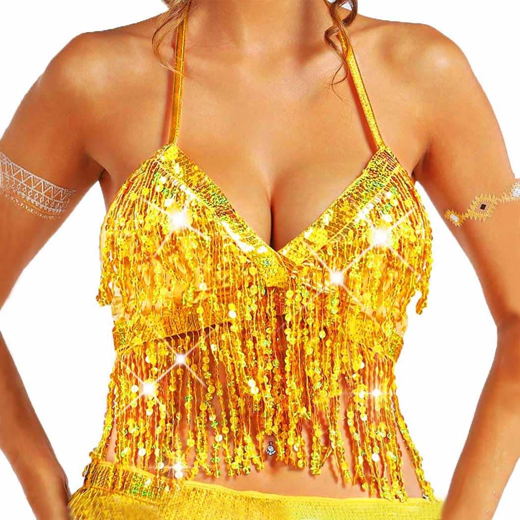 Silver Sequin Top Fringe Bra Top Sparkly Belly Dance Tops for Women
