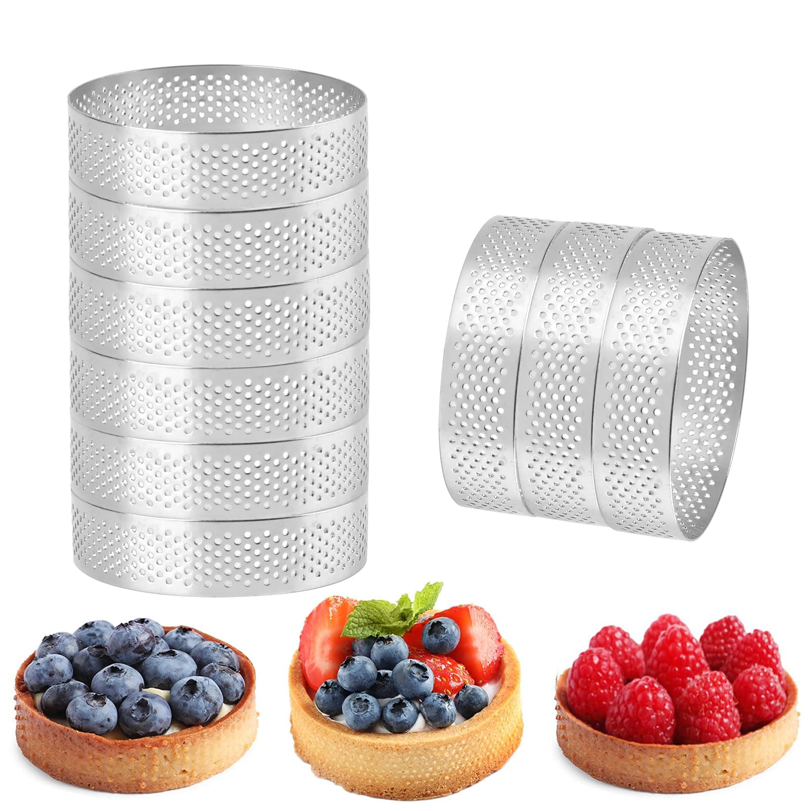 Frcctre 9 Pack 3.15 Inch Perforated Tart Rings, 304 Stainless Steel Nonstick Round Tart Rings Mousse Cake Ring Metal Crumpet Ring Pastry Mold Circle Tartlet