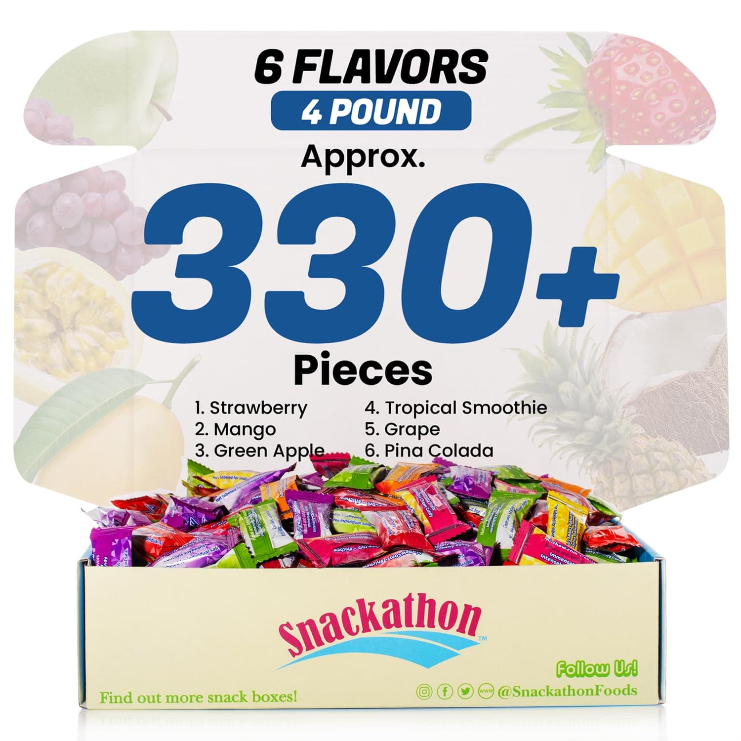 Fruit Chew 6 Flavors, Bulk 330+ Pieces, 4 Pound (Strawberry, Mango, Green Apple, Grape, Tropical Smoothie, Pina Colada) (6 Flavors, 4 Pound)