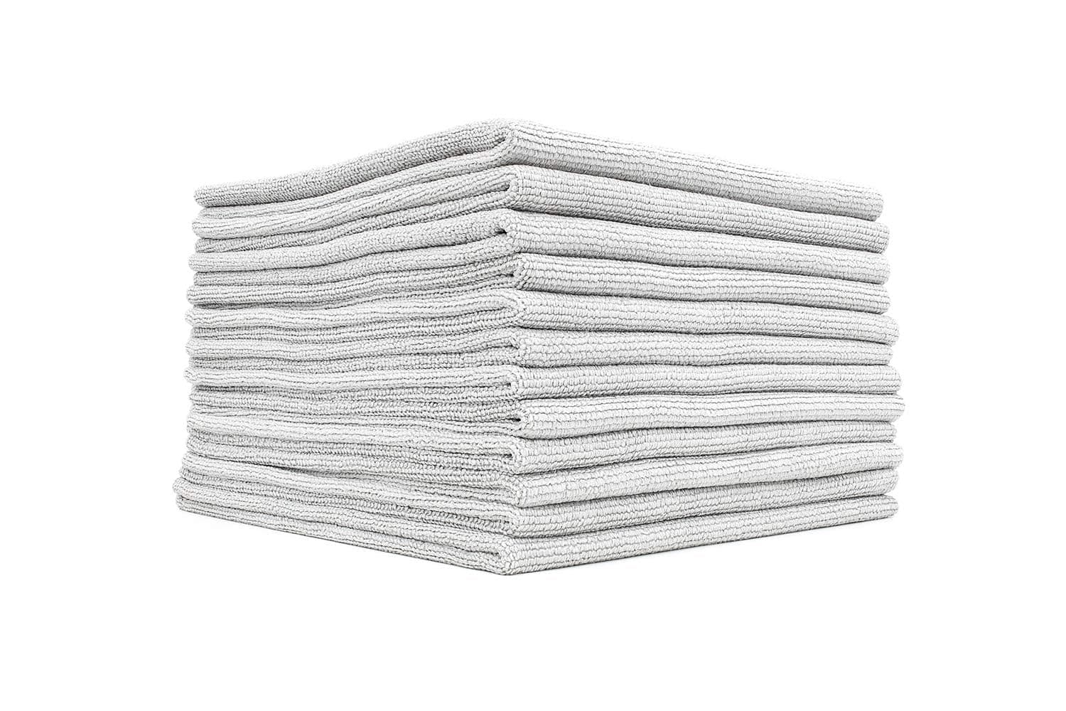 The Edgeless Pearl - Professional Microfiber Detailing Towel for Ceramic Coating Leveling and Sealant Removal, Scratch-Free with No Tags, 320gsm, 16in x 16in, Ice Grey (12-Pack)