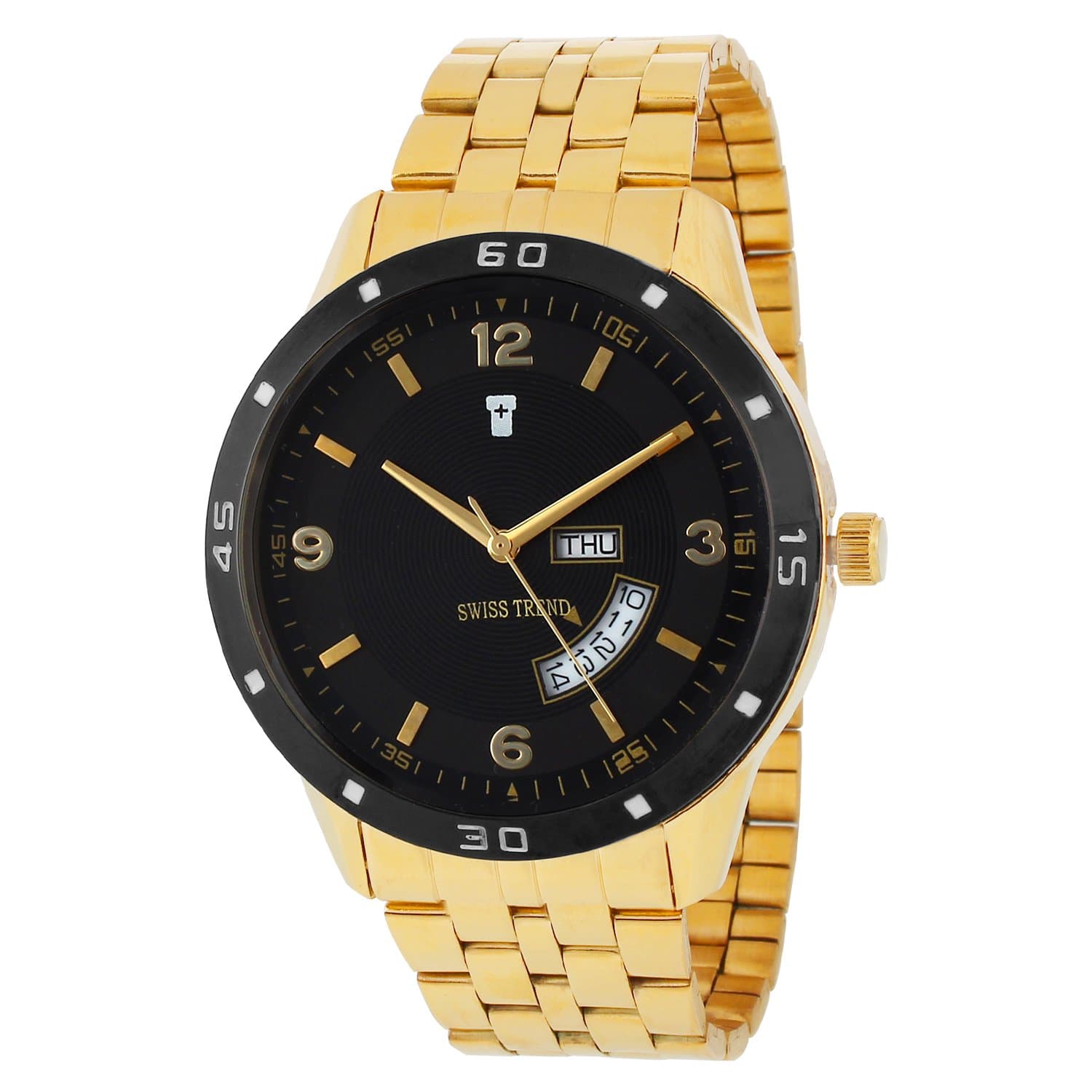 Swiss Trend Attractive Tornado Golden Chain Day & Date Black Dial Men's Watch|Boy's Watch