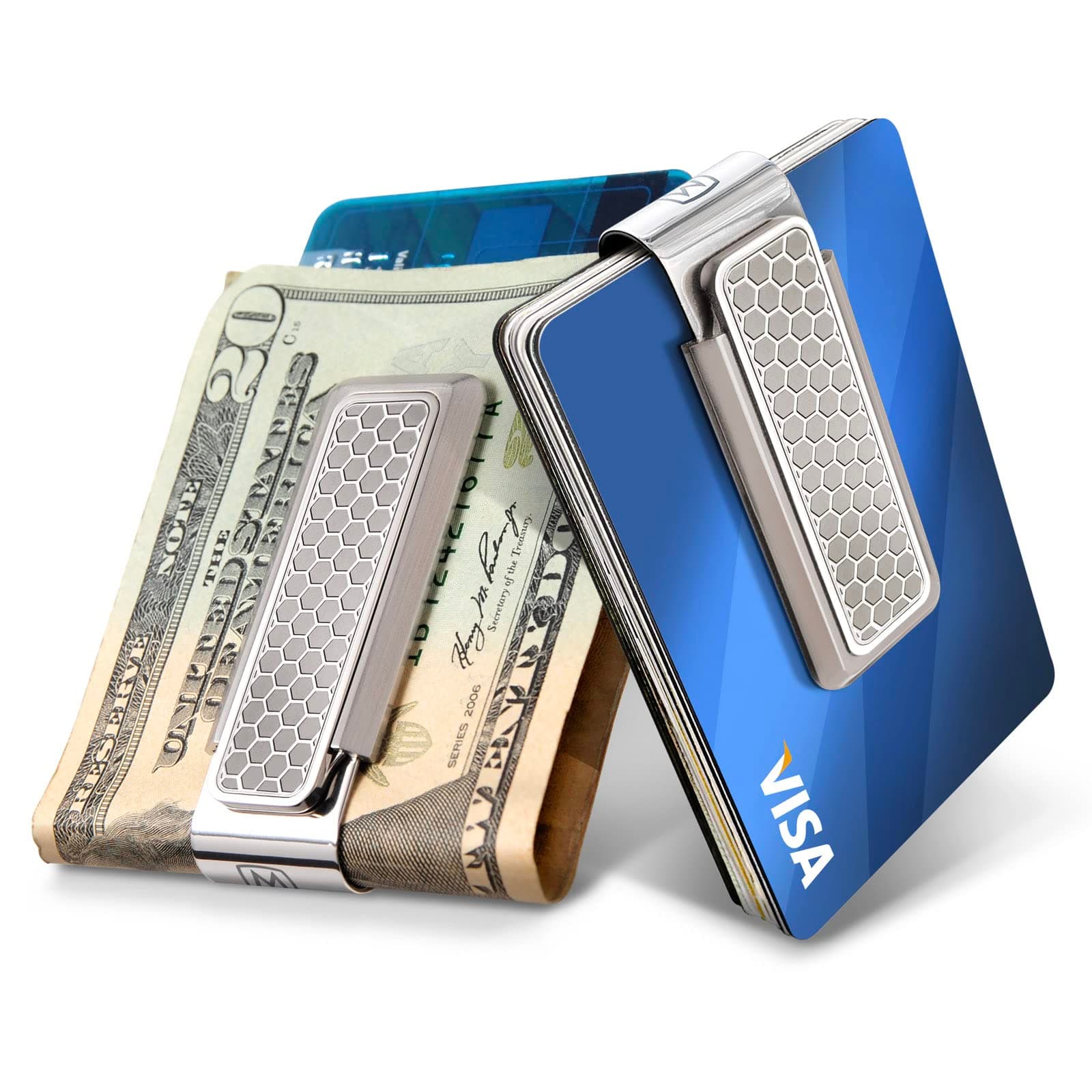 Stainless Steel Money Clip (Honeycomb) - Cash and Credit Card Holder for Men - Minimalist Slim Wallet Alternative