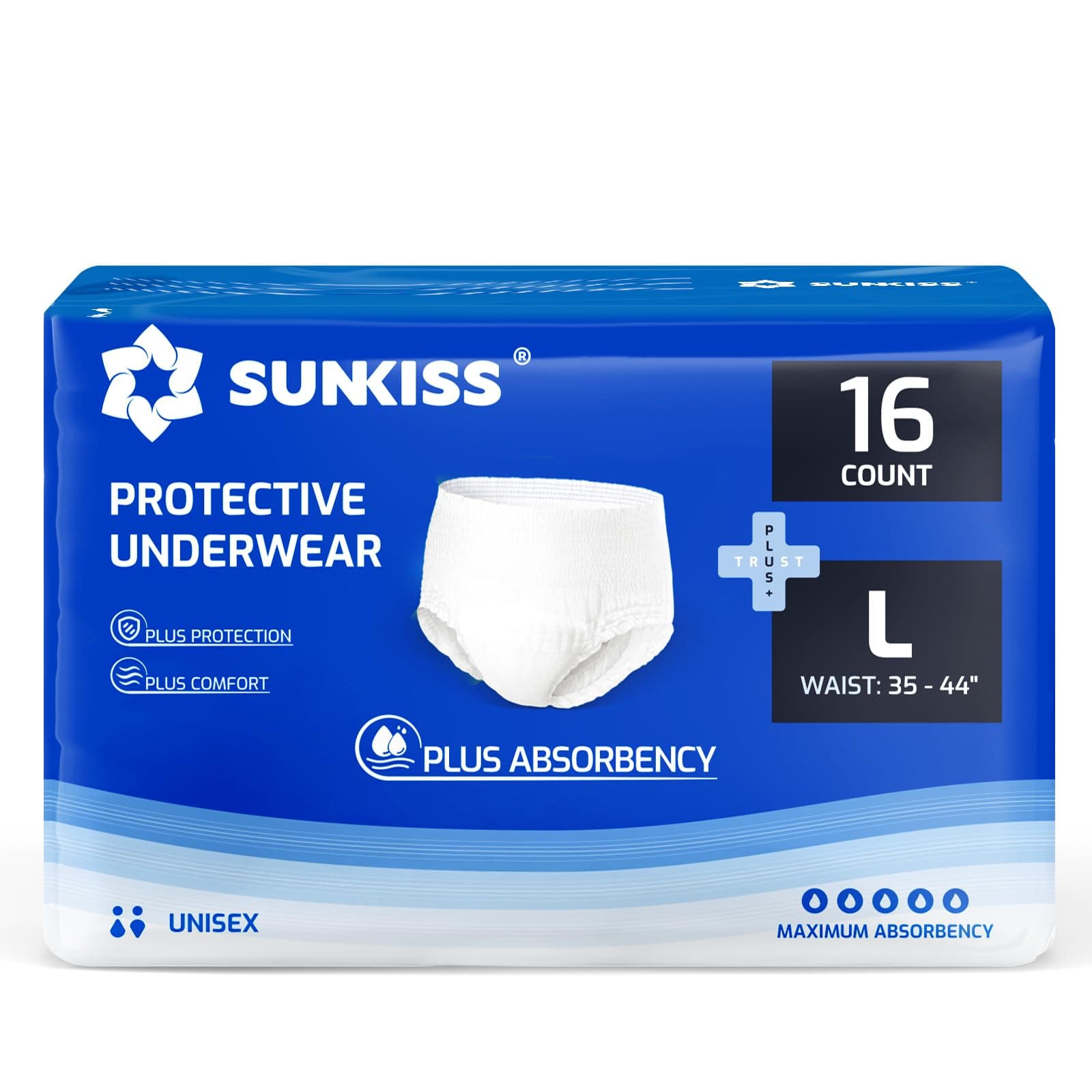SUNKISS TrustPlus Incontinence Pants for Men and Women, Adult Pull Ups, Disposable Protective Underwear, Maximum Absorbency, Odour Control, Large, 16 Count