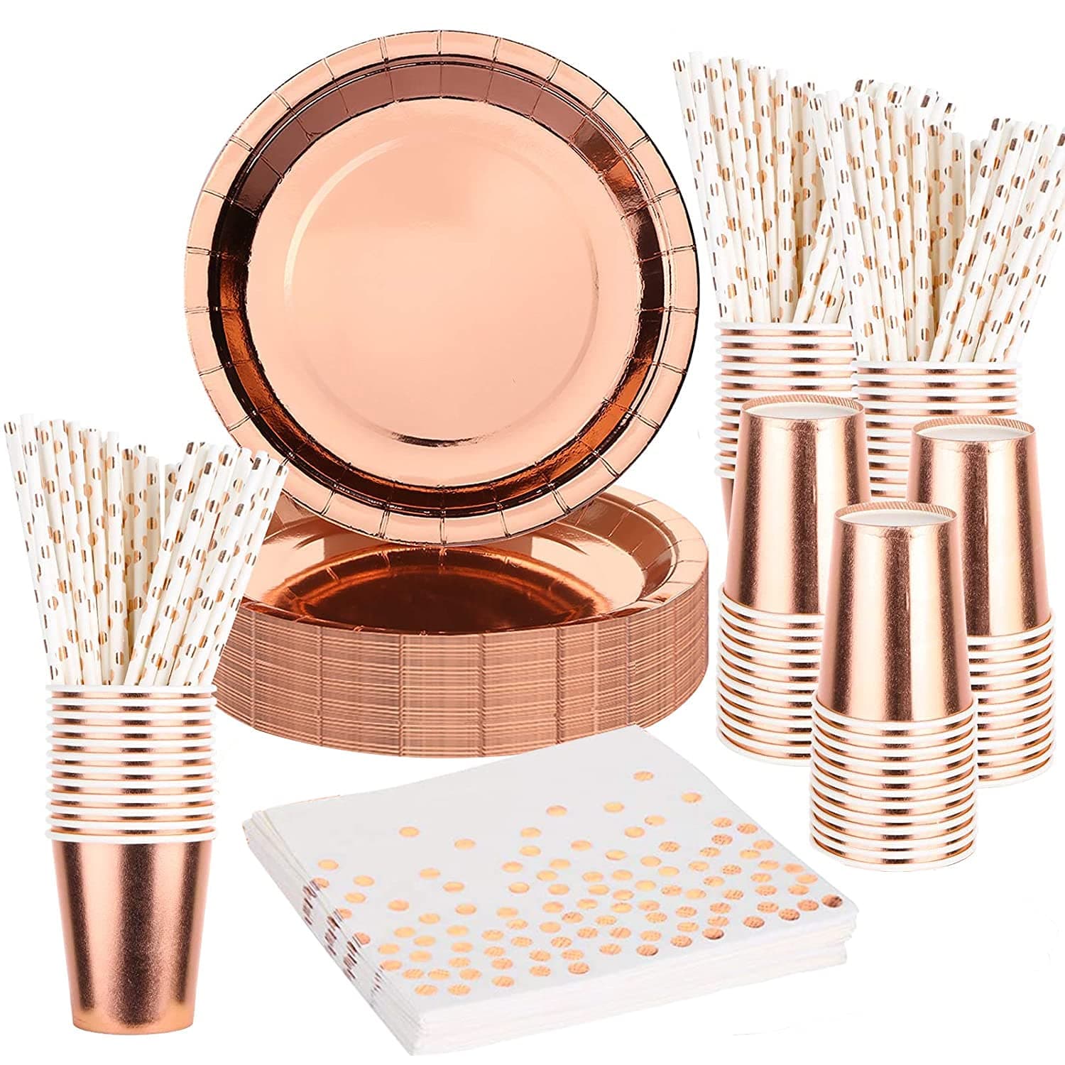 Rorchio Rose Gold Party Tableware, Rose Gold Paper Plates Cocktail Napkins Cups Straws for Birthday Party Supplies Hen Party Decorations (30 Guests)