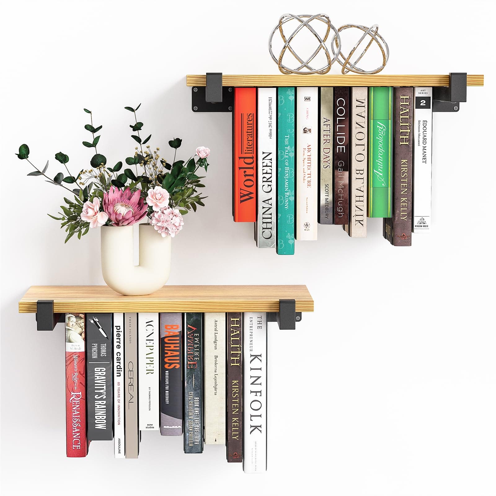 2 Set of Floating Bookshelf, Pine Wood Invisible Bookshelf, Hanging Bookshelves for Wall, Unique Space Saving Wall Bookcase (16.5L×8.7W×1.5H)