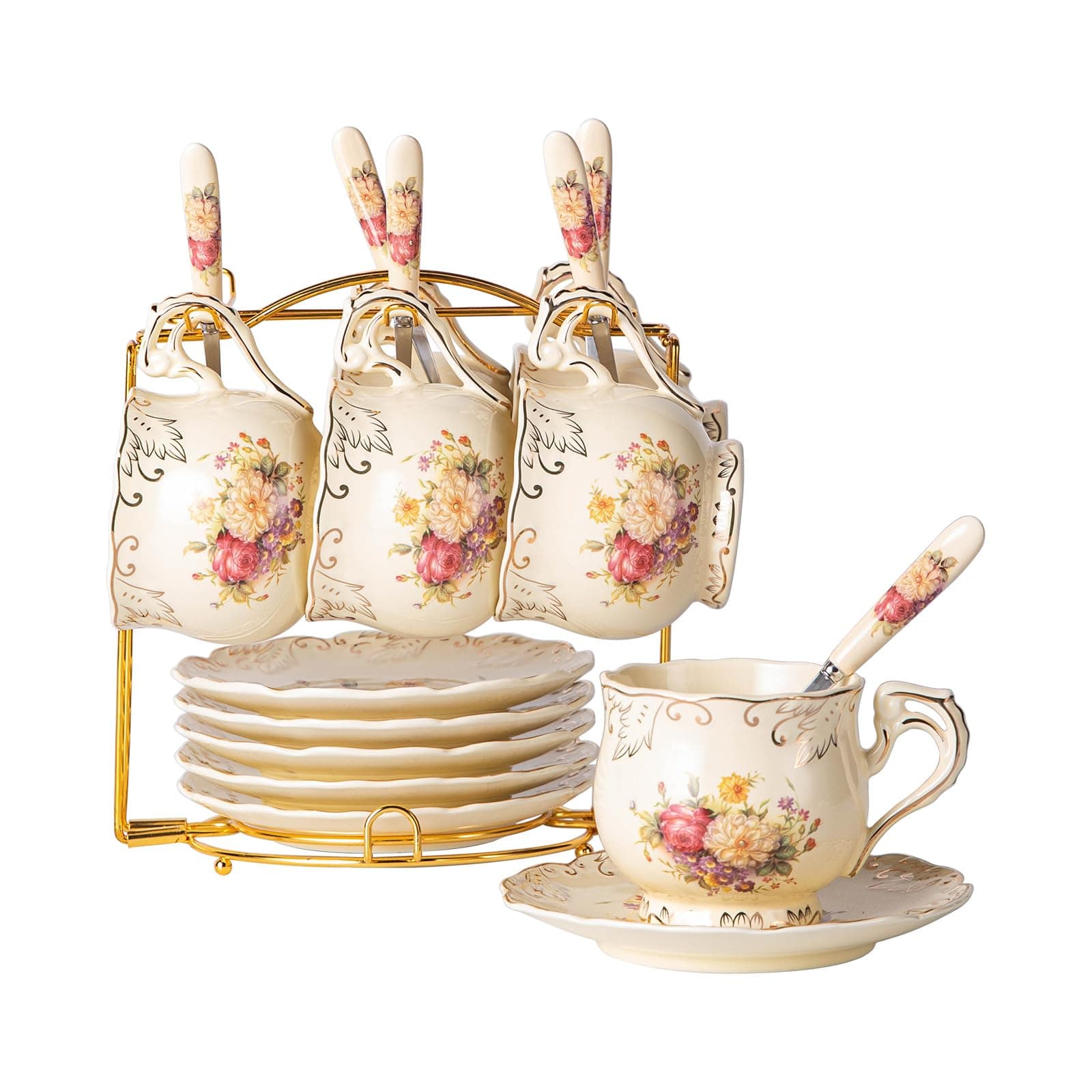 YOLIFE 8 OZ Flowering Shrubs Tea Cups and Saucers Set of 6, Ivory Ceramic Floral Teacups Set, Coffee Cups with Golden Rack