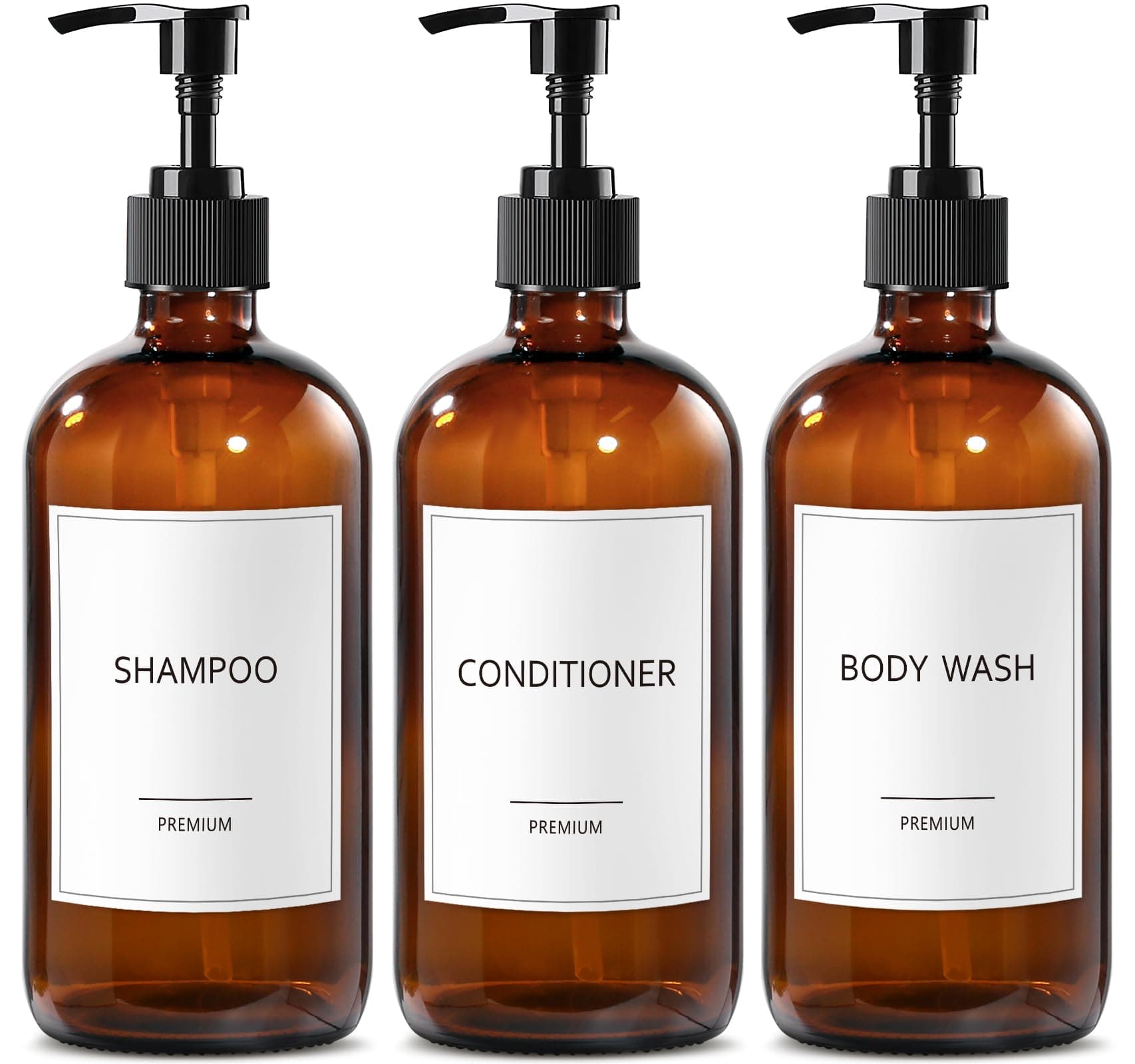 GMISUN Glass Shampoo and Conditioner Dispenser, Shower Soap Dispenser Bottles with Labels, Refillable Shampoo Conditioner Body Wash Dispensers, Amber Glass Soap Pump Dispenser Set for Bathroom Shower