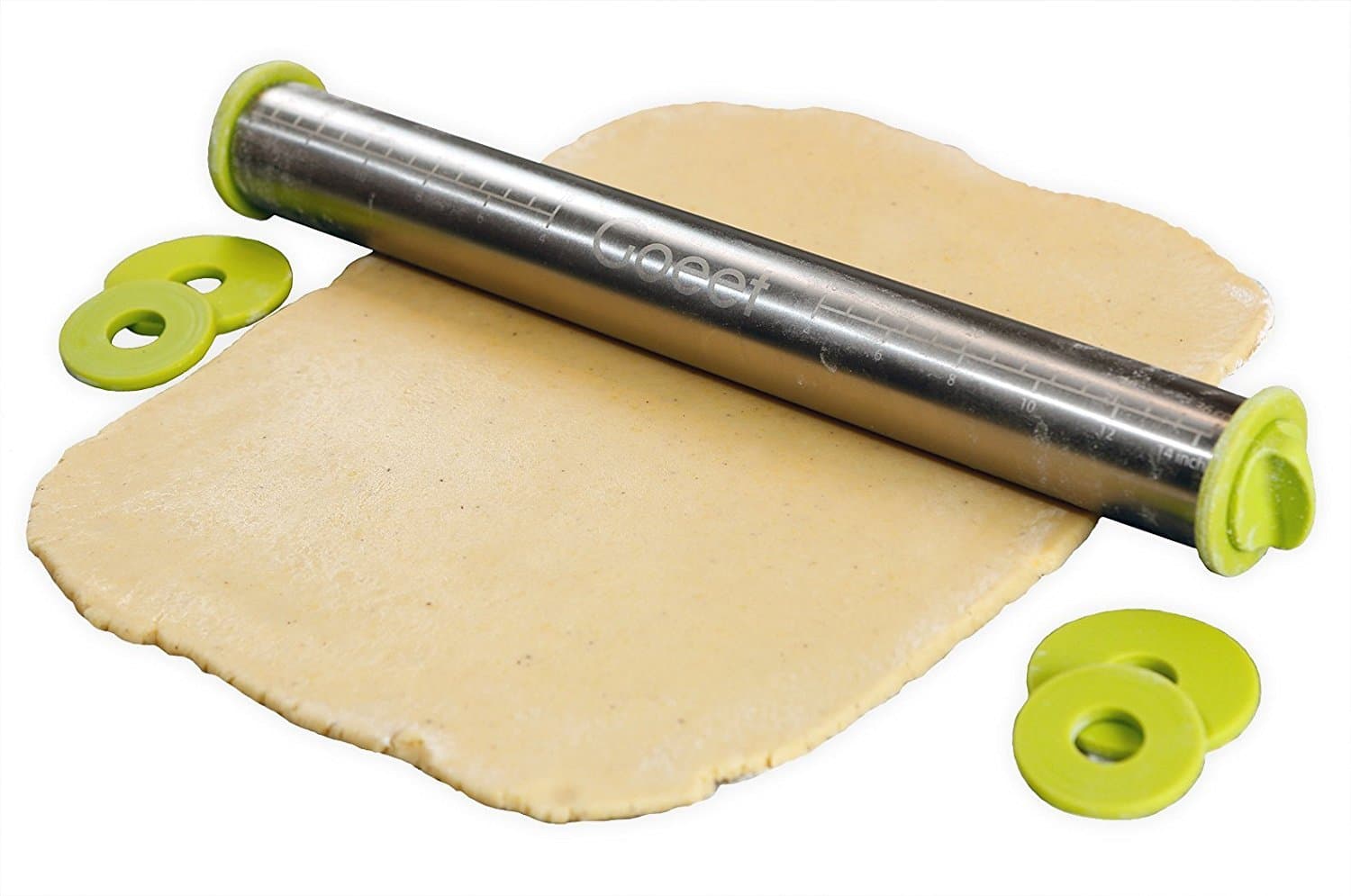 Goeet Stainless Steel Rolling Pin - Professional Baking - 3 Adjustable Discs / 3 Precise Thicknesses - French Style - Non-Stick - Removable Rings