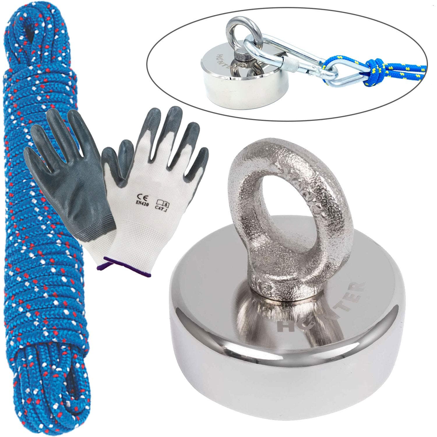 Hunter. Powerful Neodymium Fishing Magnet with Eyebolt, N52 Pulling Force 150kg Diameter 55mm Thick 20mm Set with Rope 25m Long and Gloves, Treasure Hunting Pot Recovery Magnets