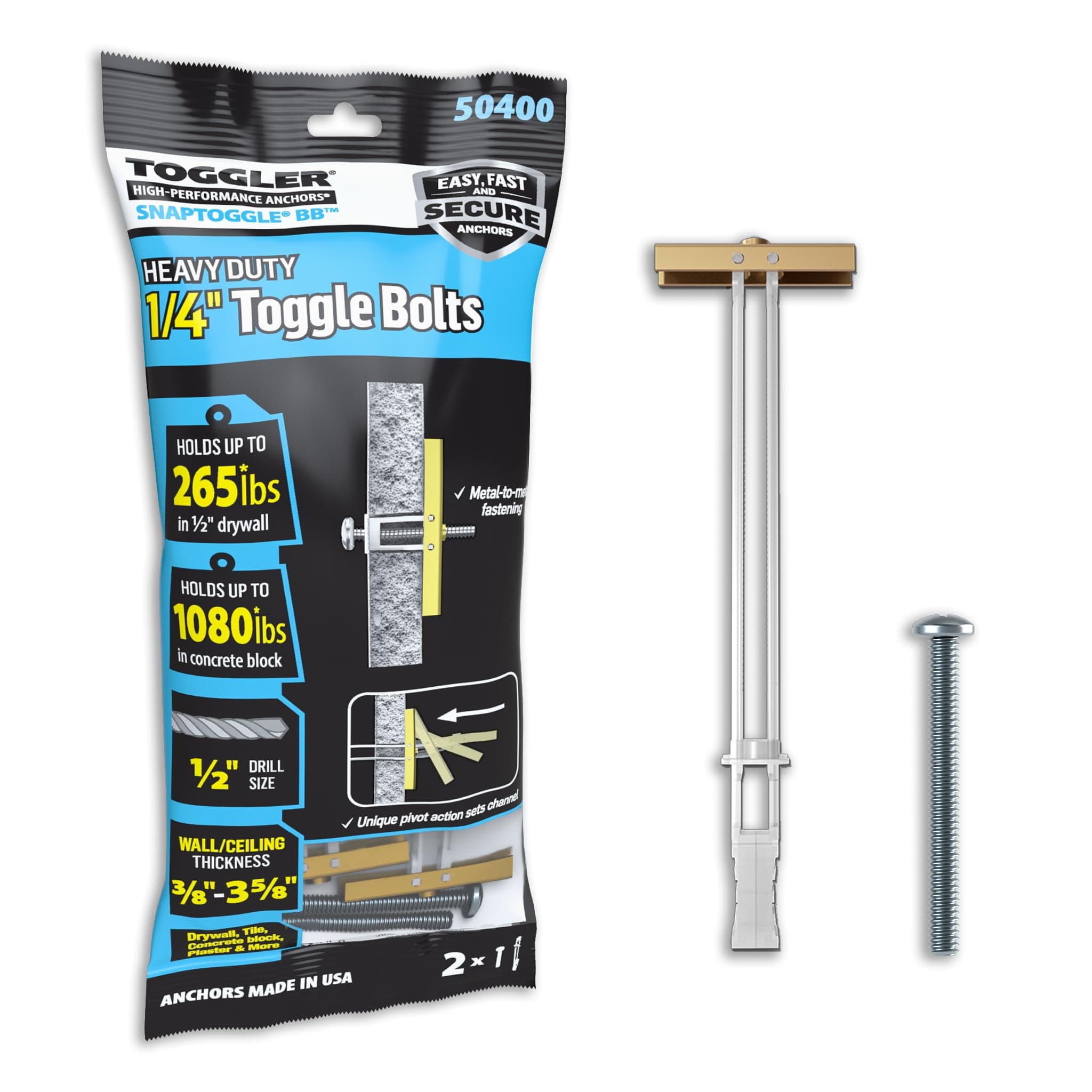 SNAPTOGGLE BB Toggle Anchor with Bolts, Zinc-Plated Steel Channel, Made in US, 3/8" to 3-5/8" Grip Range, for 1/4"-20 UNC Fastener Size (Pack of 2)