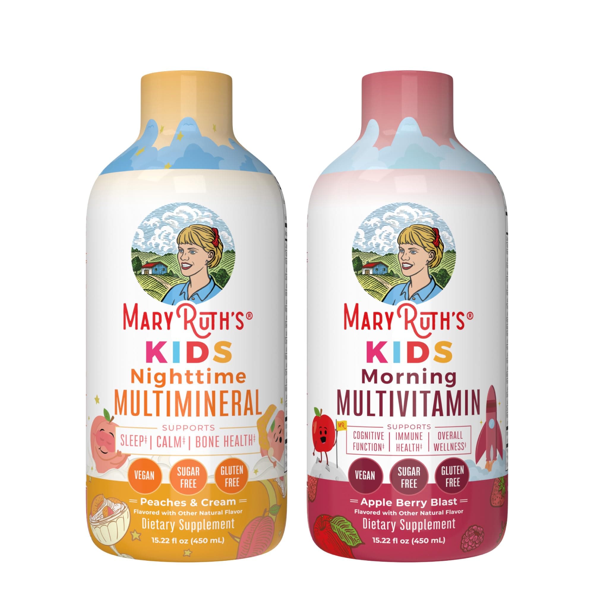 MaryRuth's Liquid Multivitamin (Apple Berry) & Nighttime Multimineral (Peaches & Cream) for Kids | Clean Label Project Verified® | Vitamins for Energy, Muscle Relaxation, & Overall Wellness | Vegan