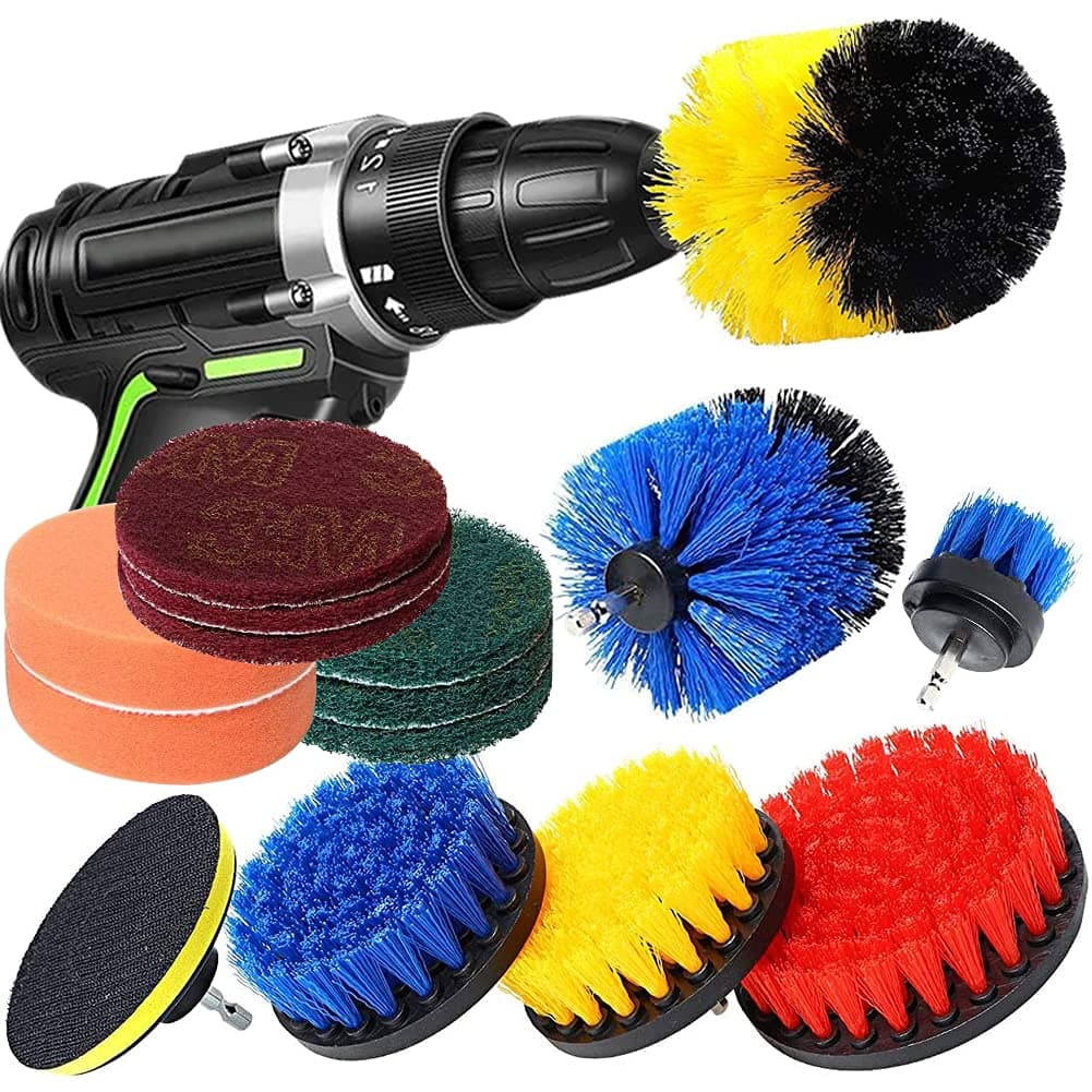 UHAPEER 13 Pcs Drill Scrub Brush Attachment Kit-4 Scrubbing Pads,6 Drill Attachment Brushes,1 Connector,2 Polishing Pad for Heavy Duty Scrubbing