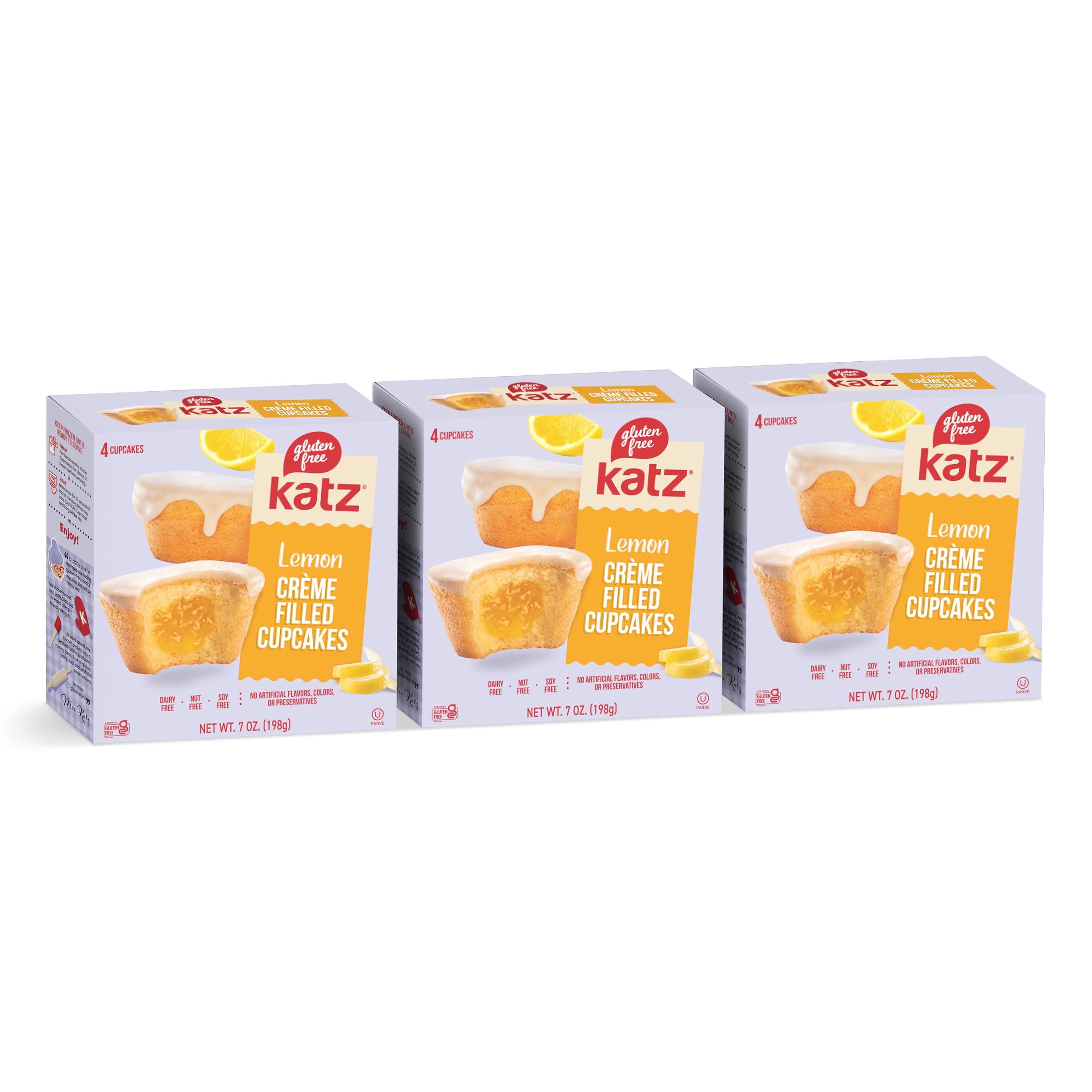 Lemon Creme Filled Cupcakes. Free of Dairy, Peanuts, Tree Nuts, and Sesame. KosherS nack, 7oz (3Pk)