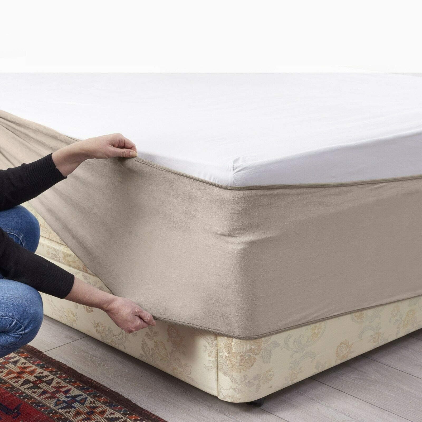 Bed Wrap FAUX SUEDE Divan Bed Base Wrap Valance Sheet COVER Alternative to Traditional Valance Sheet Fully Elasticated Skirt Easy To Fit - Wraps Itself Around The Base Of Bed Frame (Beige, Single)