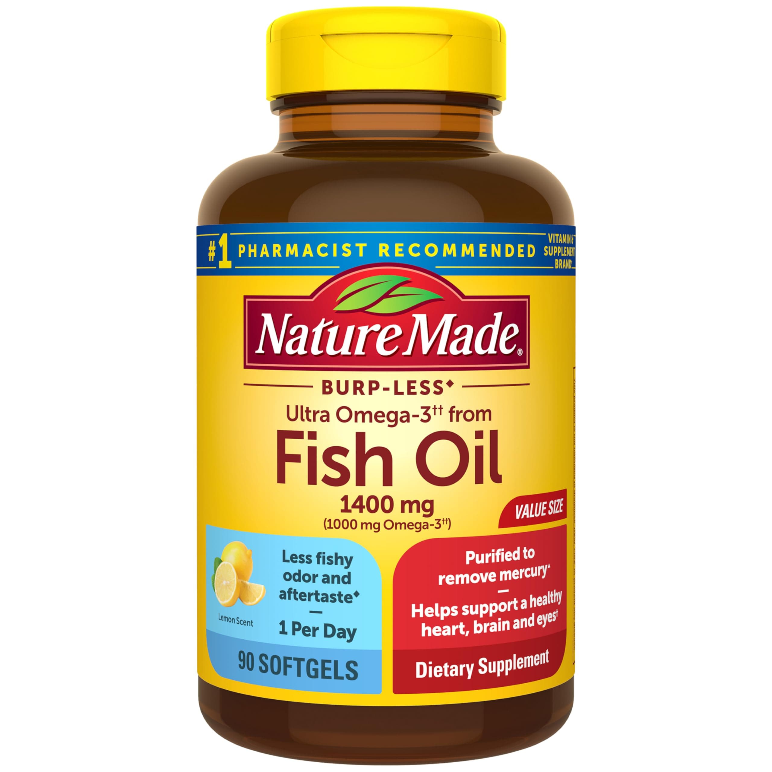Nature Made Burp-Less Ultra Omega-3 from Fish Oil 1400 mg, Dietary Supplement for Healthy Heart Support, 90 Softgels, 90 Day Supply