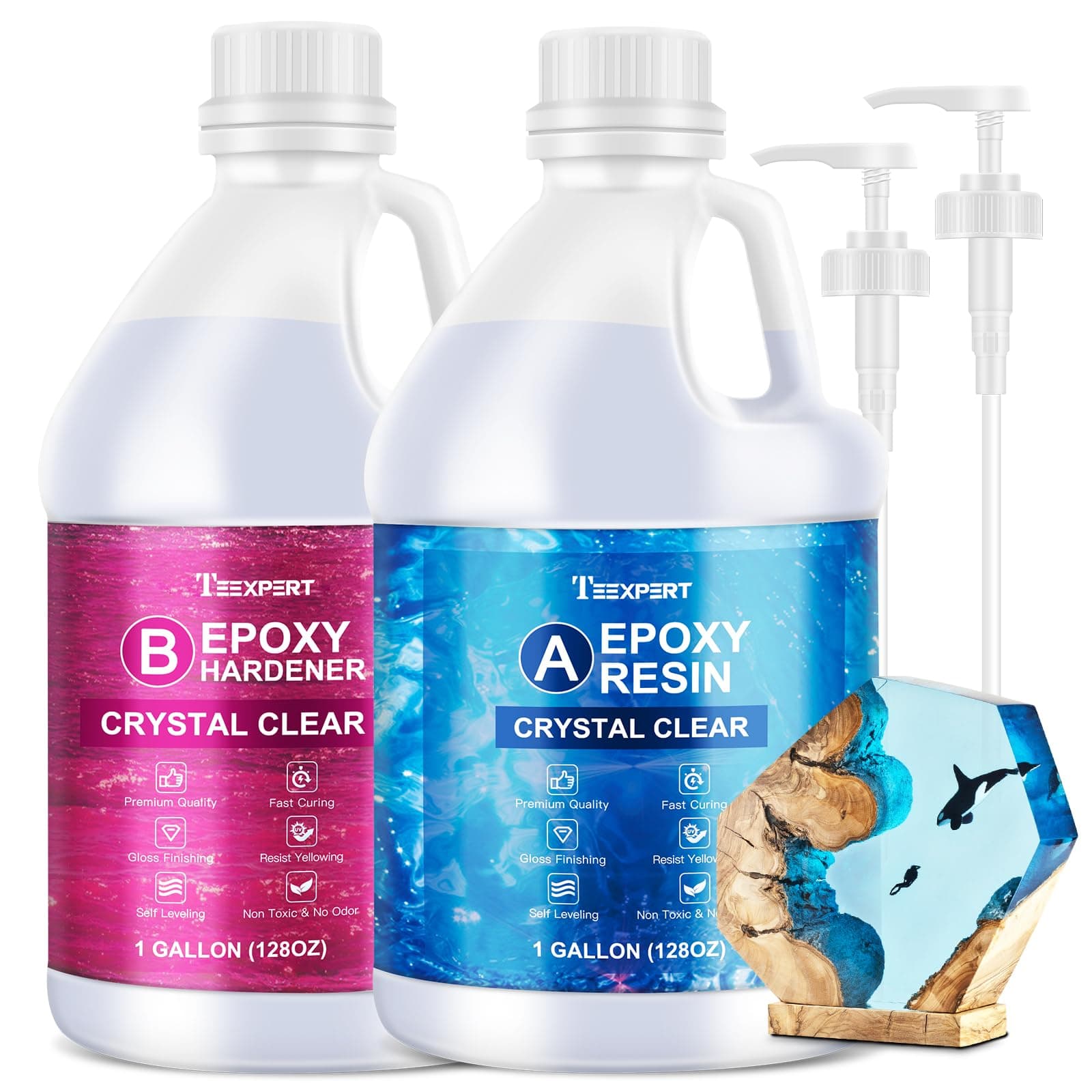 Teexpert No Bubble Epoxy Resin: 2 Gallon Crystal Clear Anti-Yellowing Self-Leveling High-Gloss Resina Epoxica for Casting and Coating DIY Art,Table Top,Molds,Jewelry Making,Craft Kits for Adults