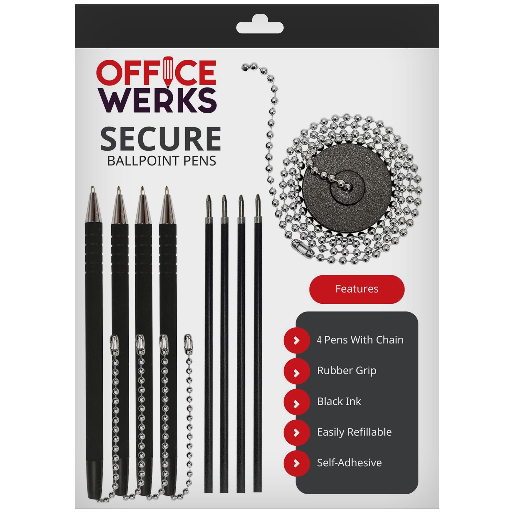Office Werks Secure Ballpoint Pen With Chain And Desk Pen Holder Adhesive, Reception Counter Pen With 26" Ball Chain, 4 Pens With Chain Attached Per Pack, Rubber Grip, Black Ink, Easily Refillable