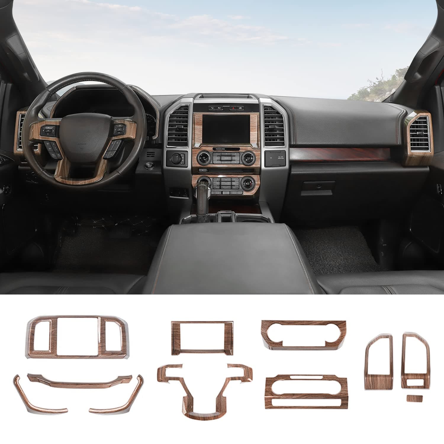 for F150 Interior Trim Kit, 11PCS Center Console Dashboard Trim & Navigation Panel Cover Compatible with 2015-2020 Ford F150 Interior Accessories, Wood Grain