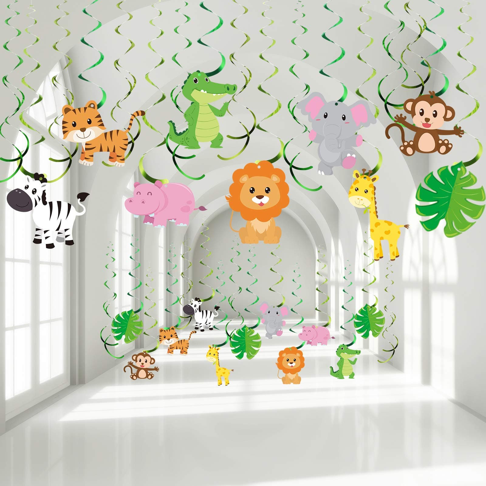 Blulu 30 Pcs Jungle Safari Animals Decorations Wild One Hanging Swirl Forest Theme Foil Swirls Ceiling for Safari Birthday Decoration Forest Party Baby Shower Supplies
