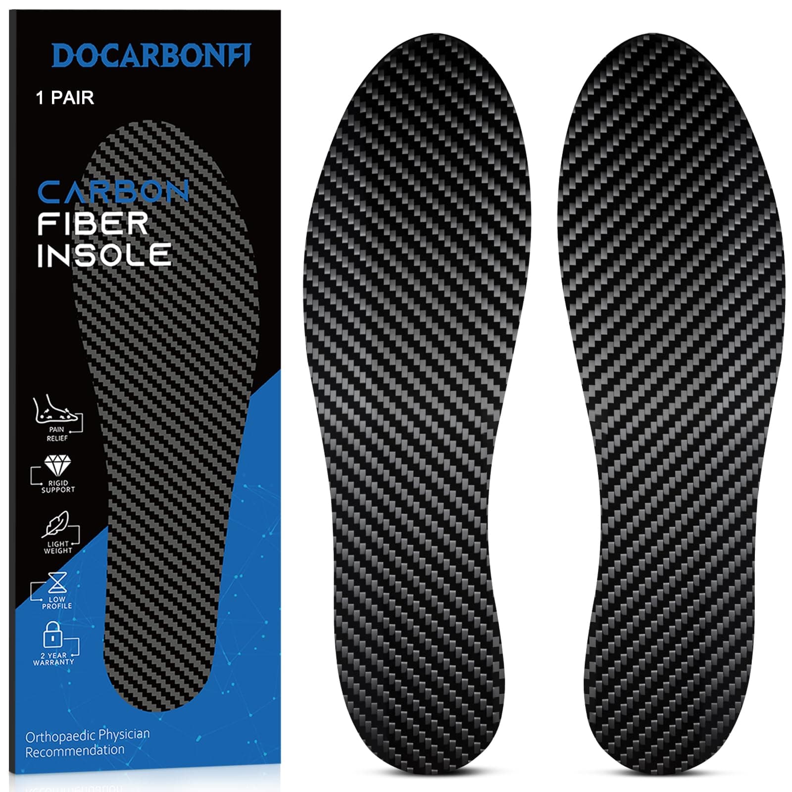 Carbon Fiber Insole, 1 Pair, Rigid Shoe Insert for Arthritis, Turf Toe, Hallux Limitus, Hallux Rigidus, Foot Fractures, Mortons Neuroma Inserts, Alternative to Post Op Shoe 275mm Black 2pcs