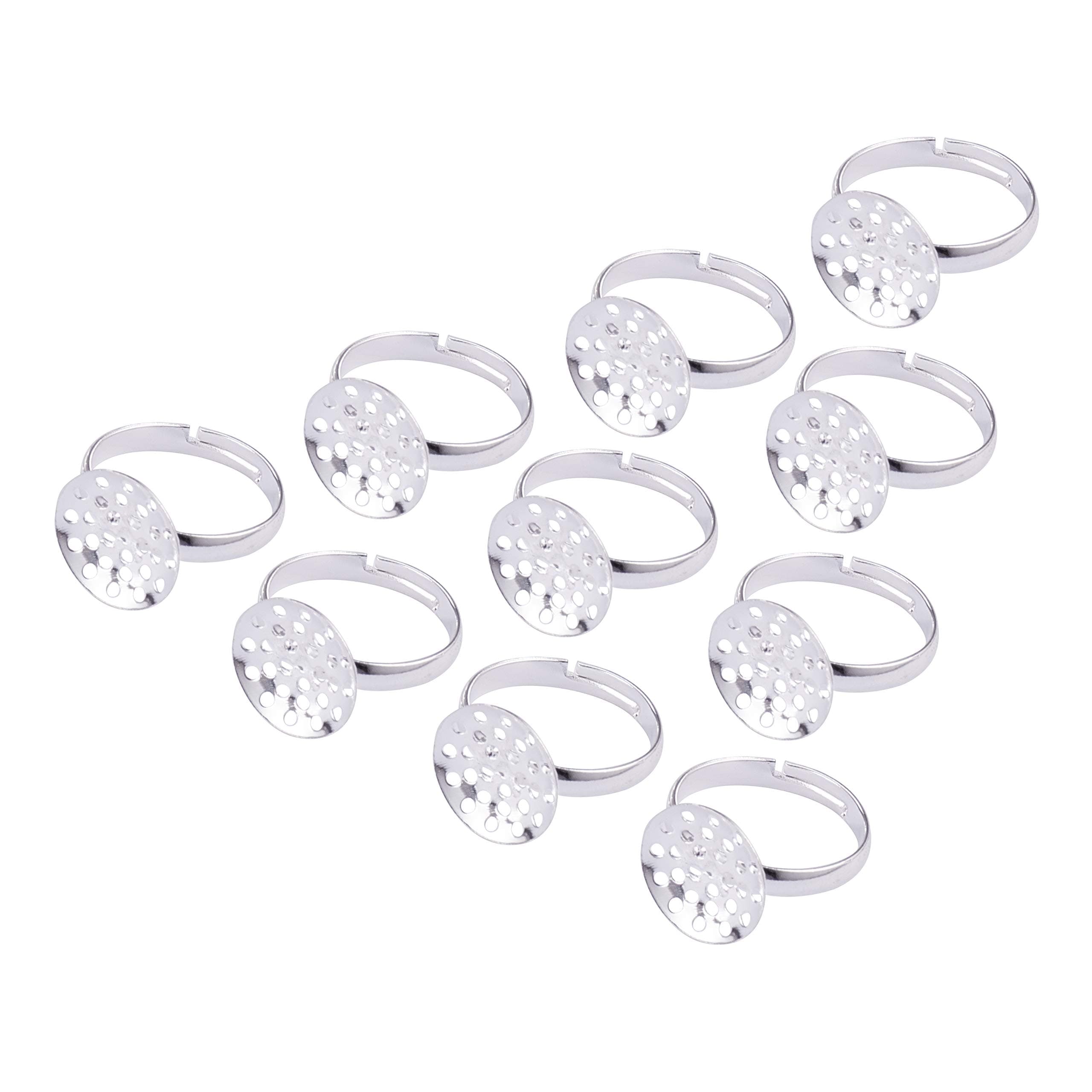 PandaHall 10pcs 14mm Ajustable Silver Brass Sieve Ring Bases
