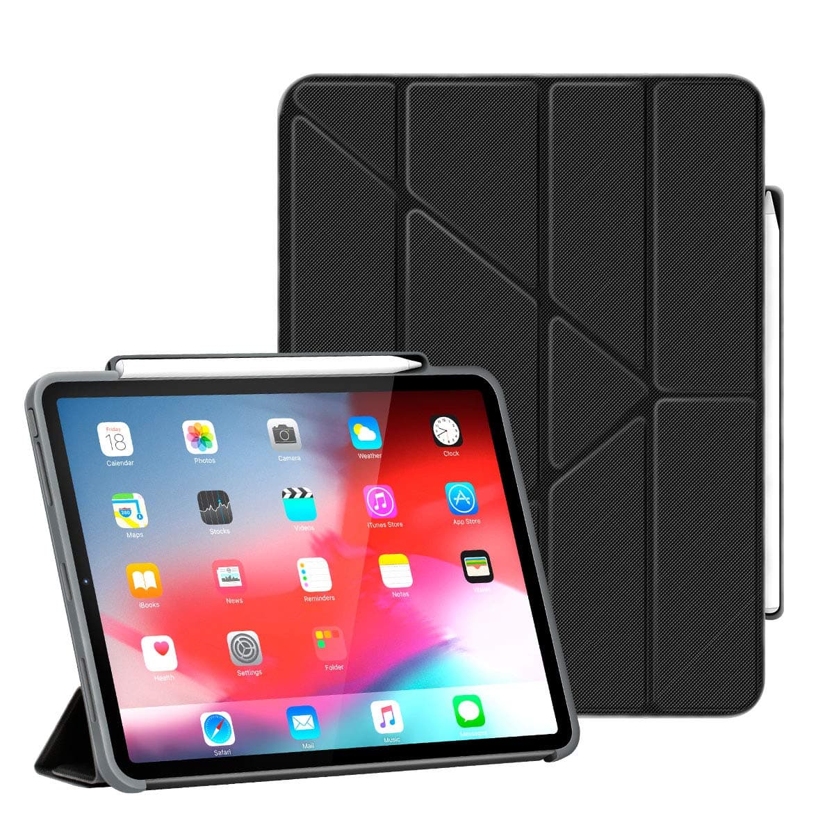 Case for iPad Pro 11 Inch 2018 with Pencil Holder-Lightweight Soft TPU Back Cover and 11 fold Stand PU Leather Cover with Auto Sleep/Wake, Support 2nd Gen Pencil Charging, Black
