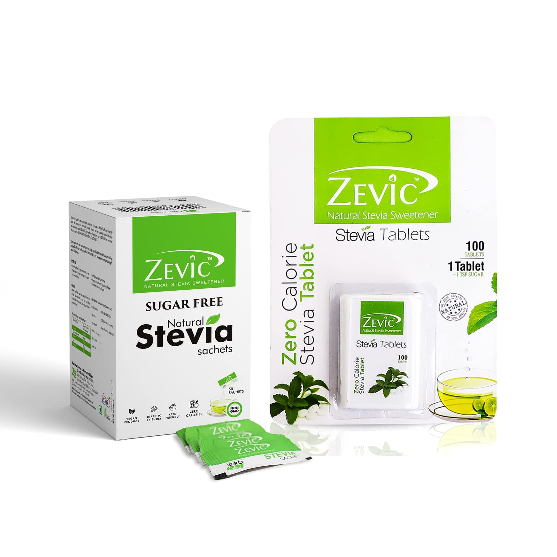 Zevic Stevia White Sachets - 50 sachets + Zevic Stevia White Tablet - Sugarfree Combo