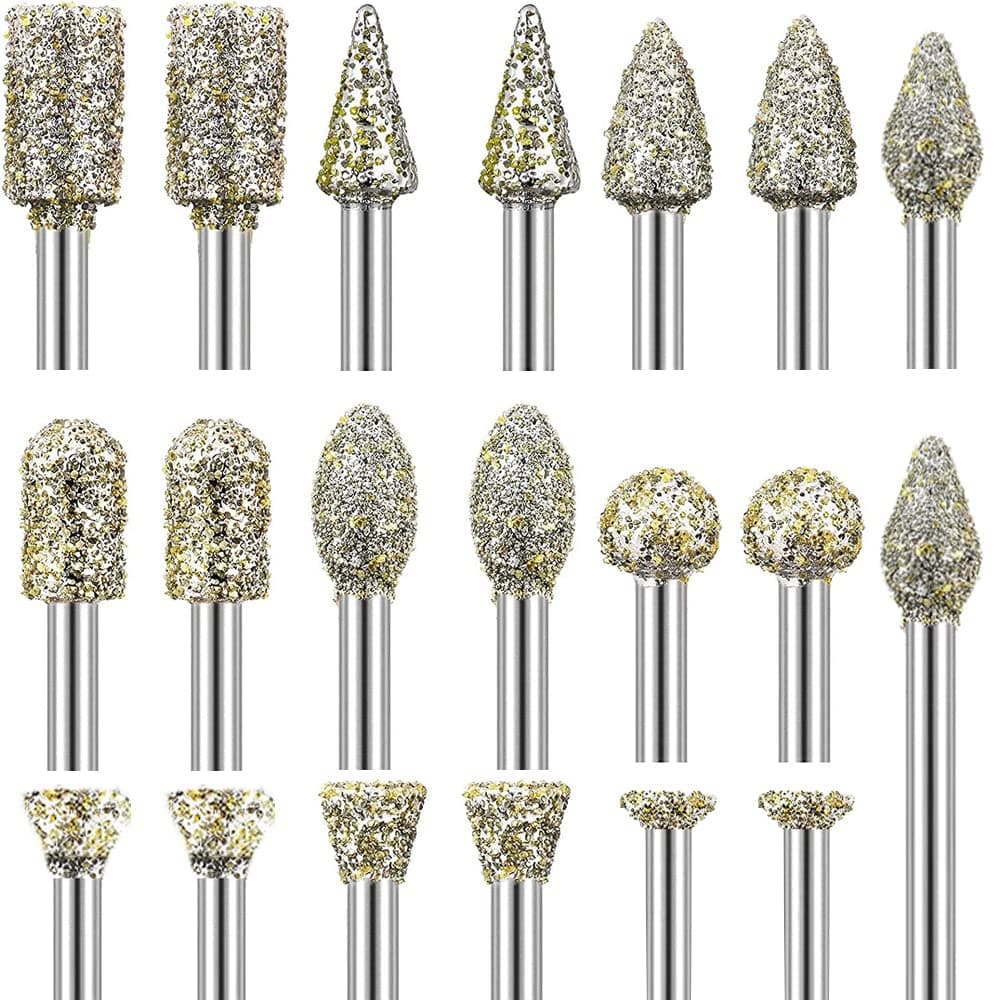 30Pcs Diamond Grinding Burr Drill Bit Stone Carving Rotary Tool Accessories Polishing Mix Set with 1/8 inch Shank, Diamond Coated Burr Bits Universal for Stone Glass Ceramics Engraving DIY Grinding