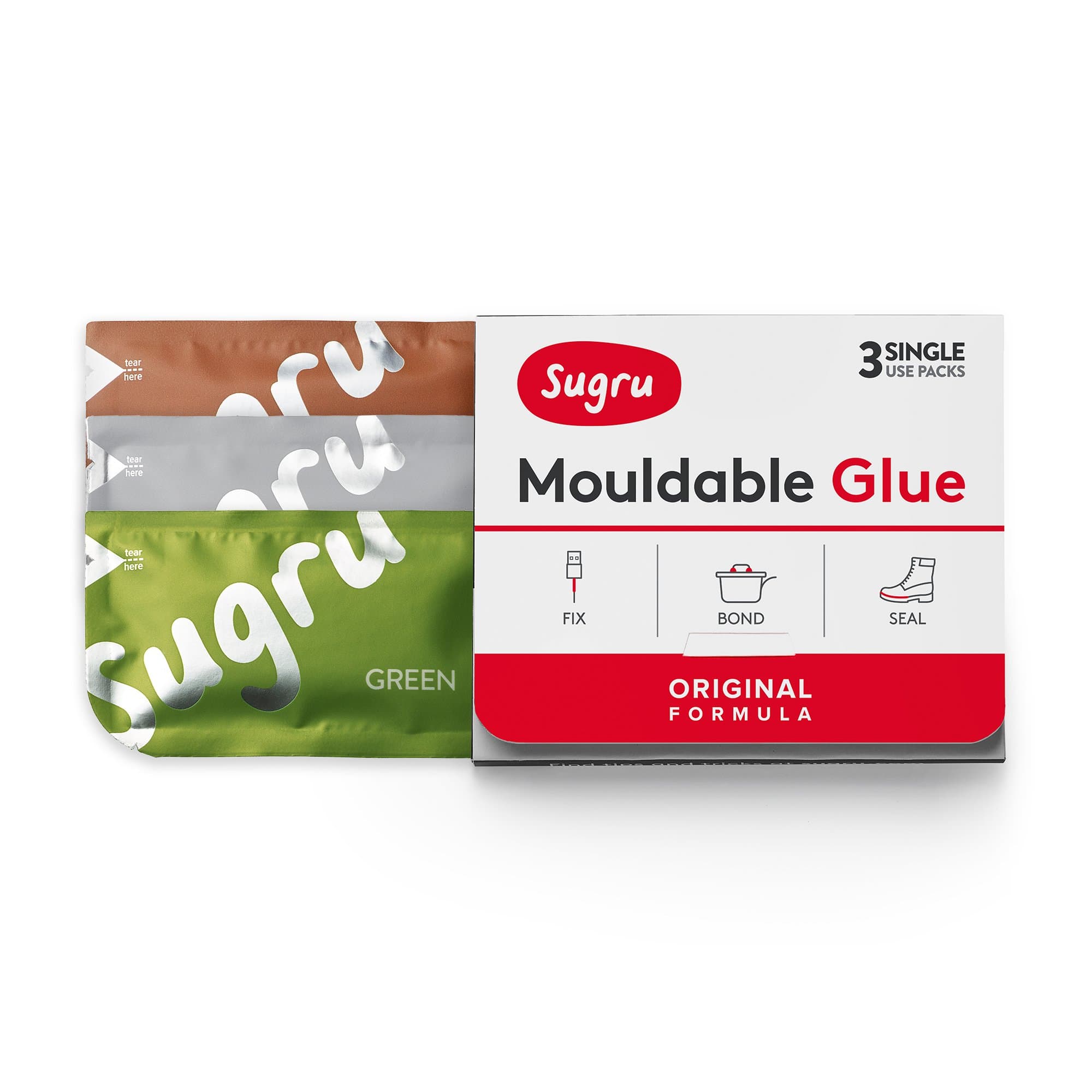 Sugru I000432 Original Formula-Brown, Green & Grey 3-Pack Mouldable Glue, 3 Piece