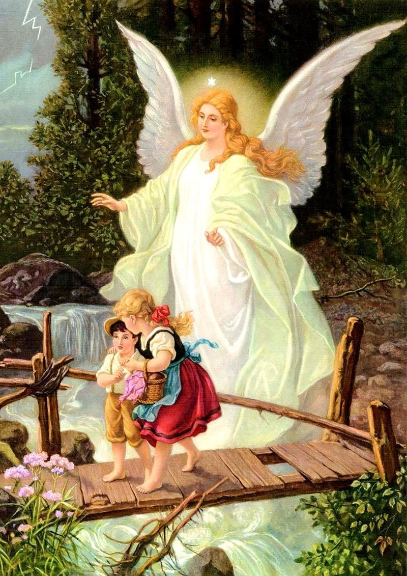 Guardian Angel Crossing Bridge with Children Canvas Print Catholic Picture Painting Angels Wall Decor