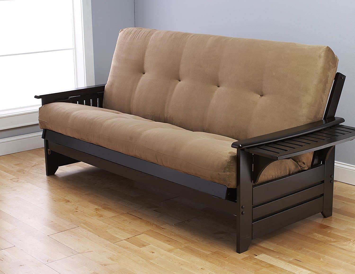 Queen Size Phoenix Espresso Frame w/ 7 Inch Mattress Microfiber Suede Futon Set Wood Sofa Beds (Peat Mattress, Frame Only (Queen Size))