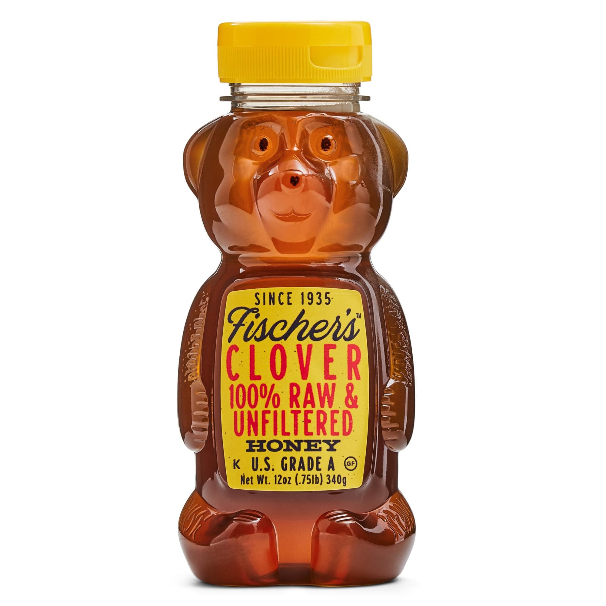 Fischer's Clover Honey, 12 Oz – 100% Pure, Raw & Unfiltered Honey – Squeezable Bear Bottle – Gluten-Free, Non-GMO – All-Natural Sweetener
