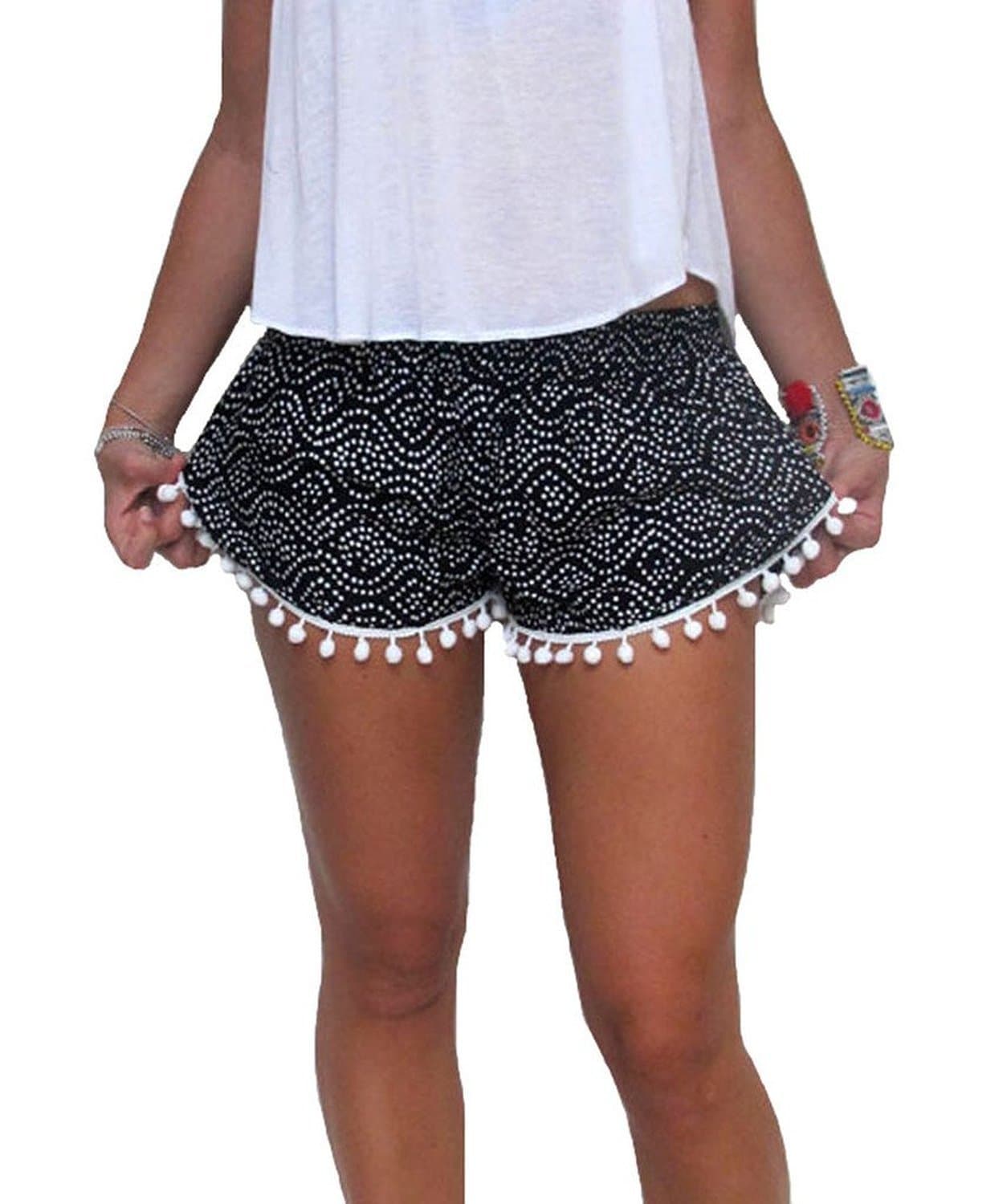 Kafeimali Women's High Waist Tassel Tribal Beach Shorts Casual Mini Short Pants