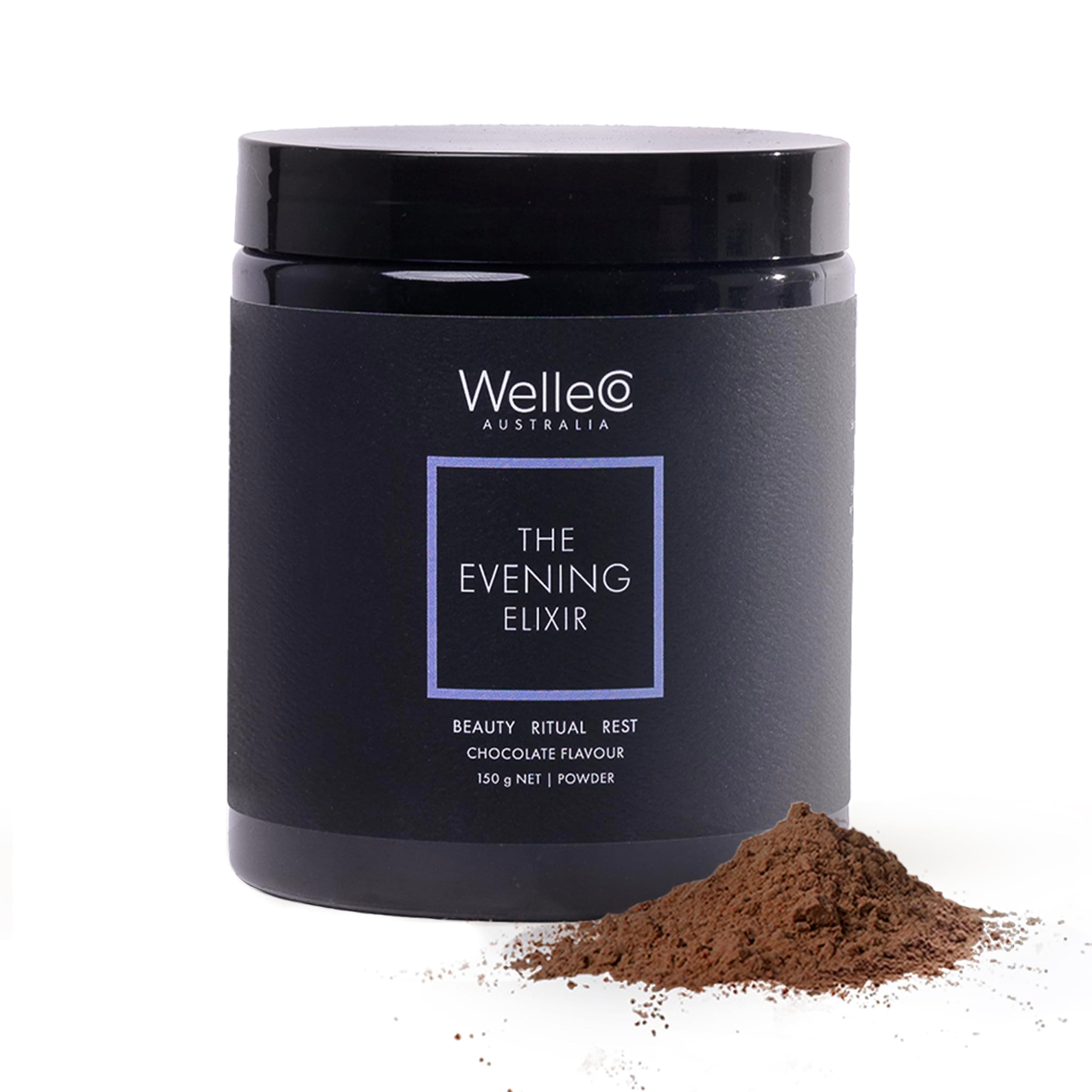 WelleCo The Evening Elixir Skin Care Vitamin C Hot Chocolate Beauty Drink Mix with Niacin, Lemon Balm and Magnesium for Sleep, Collagen Formation, Gluten Free, Vegan, Dairy Free, 150 g Jar